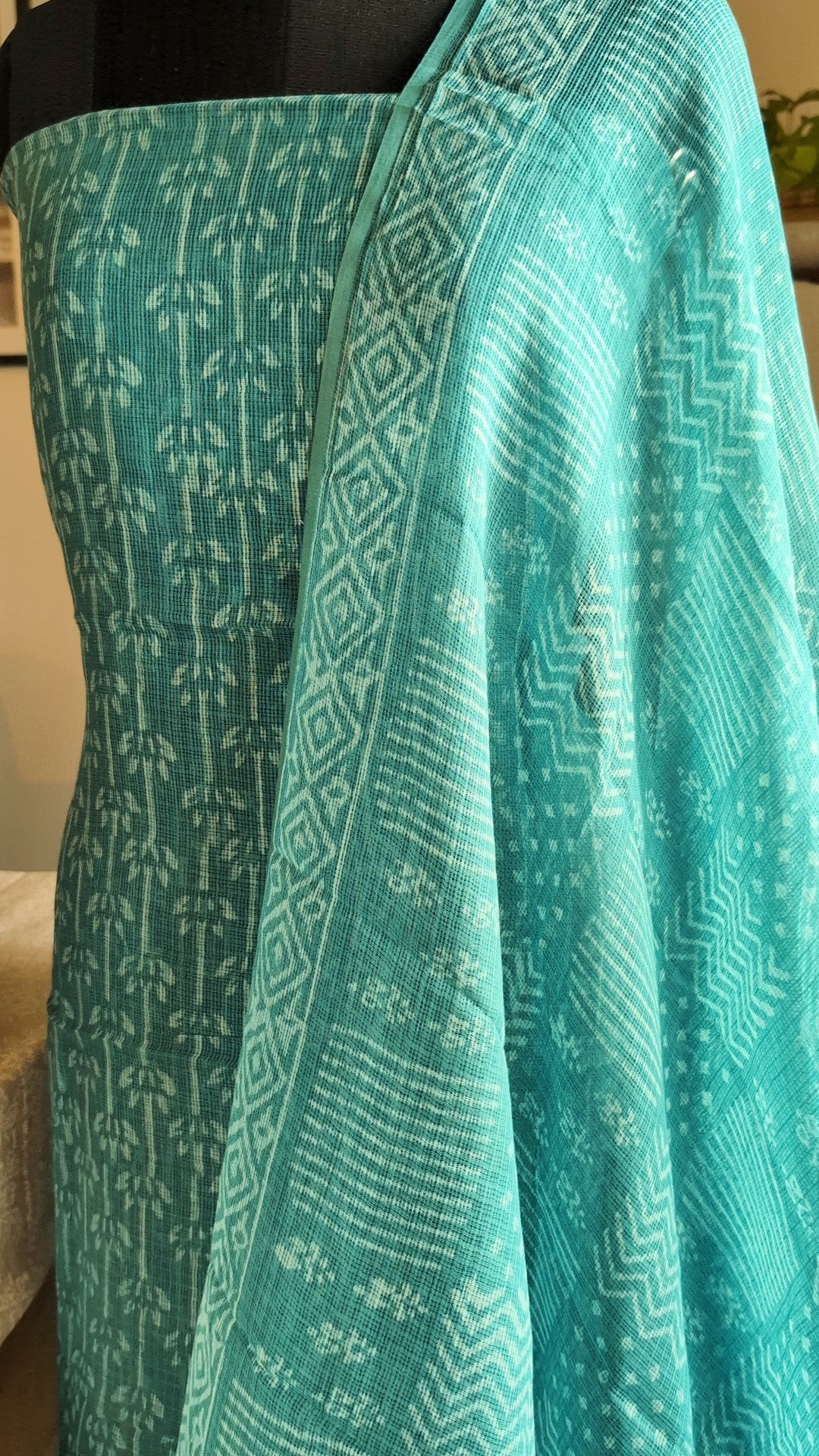 Kota Doria teal blue  discharge print set
