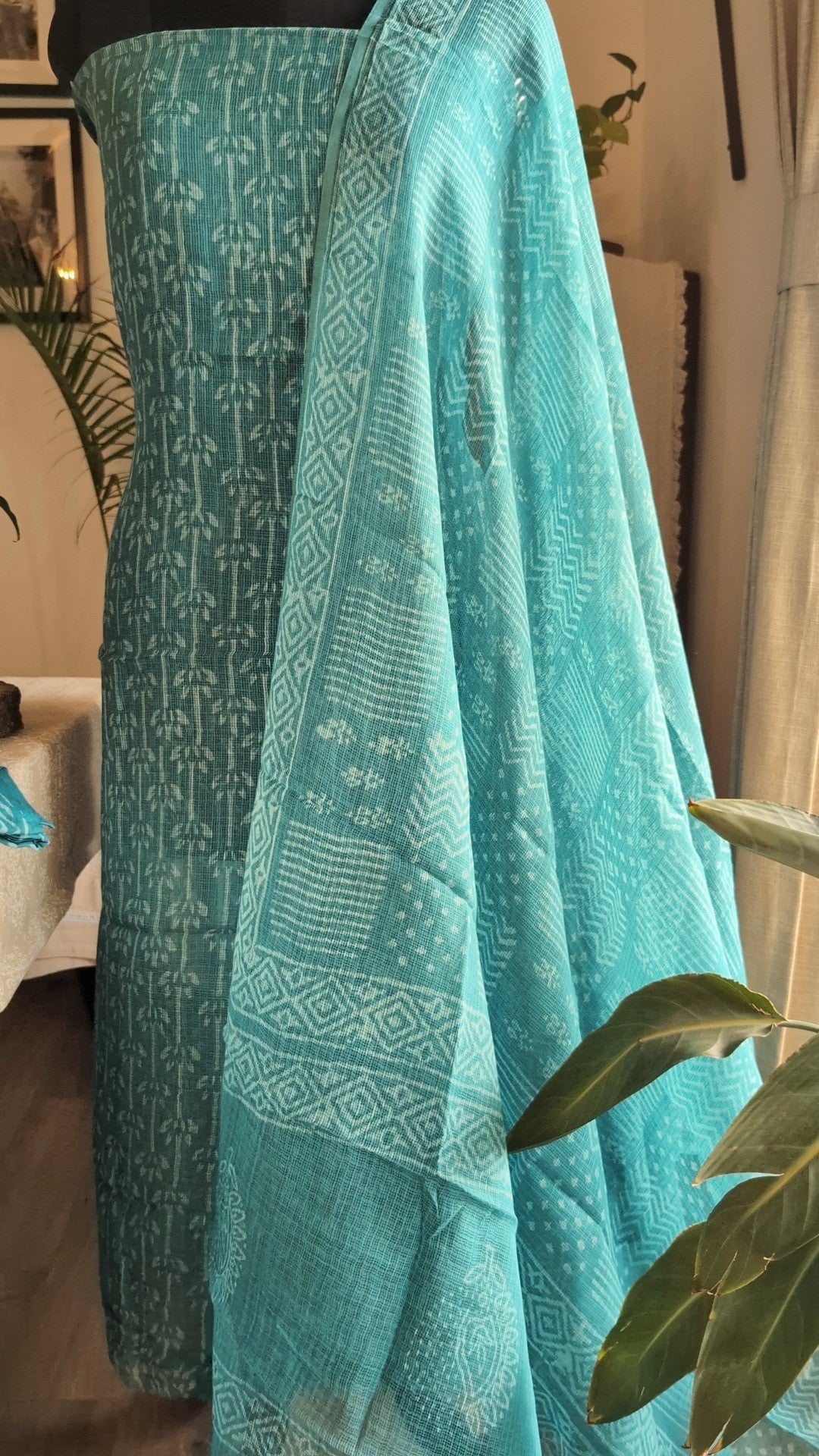 Kota Doria teal blue  discharge print set