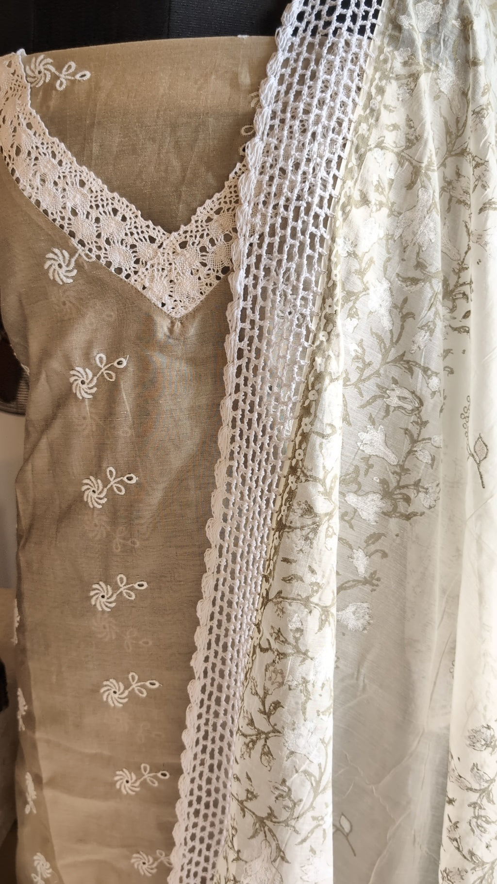 Chanderi Greige  white thread work set
