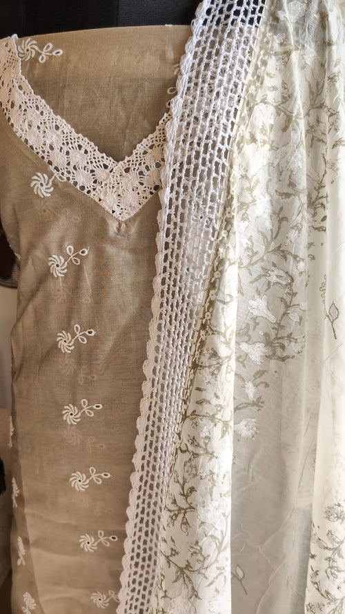 Chanderi Greige  white thread work set