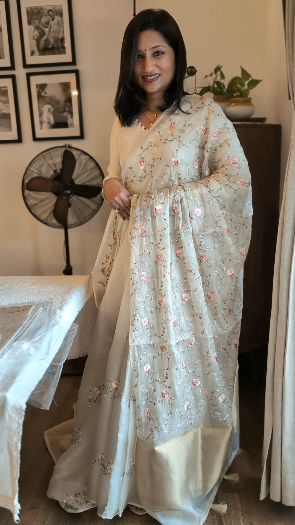 Organza pastel thread work saree