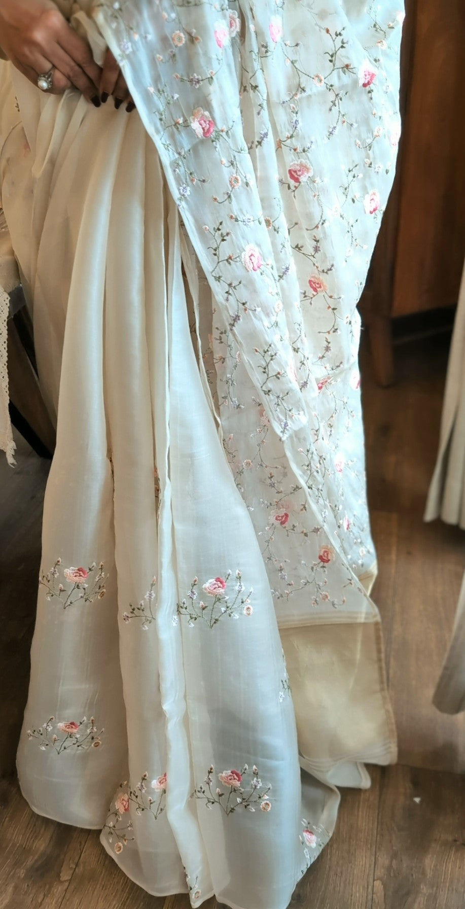Organza pastel thread work saree