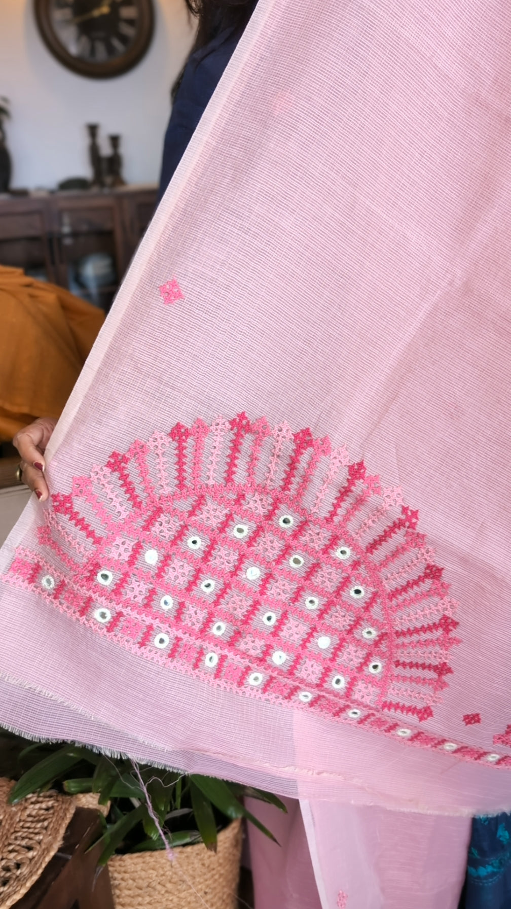 Pink munga kota kutch work saree