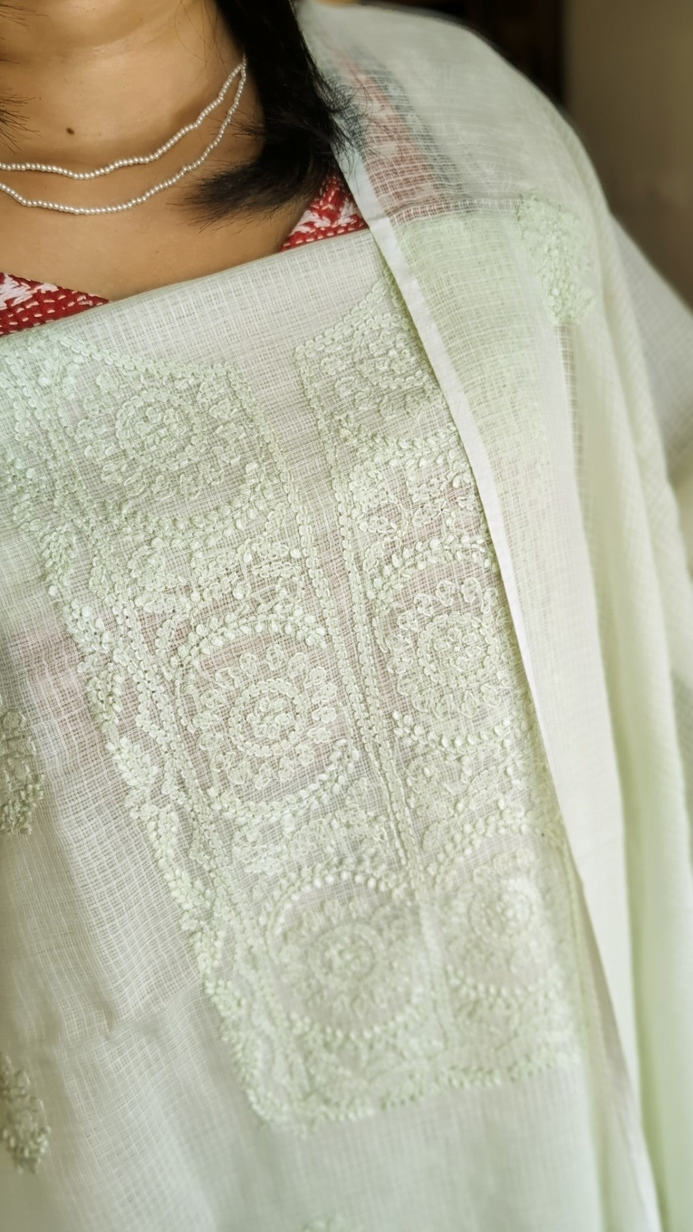 Tea green chikkankari kota set