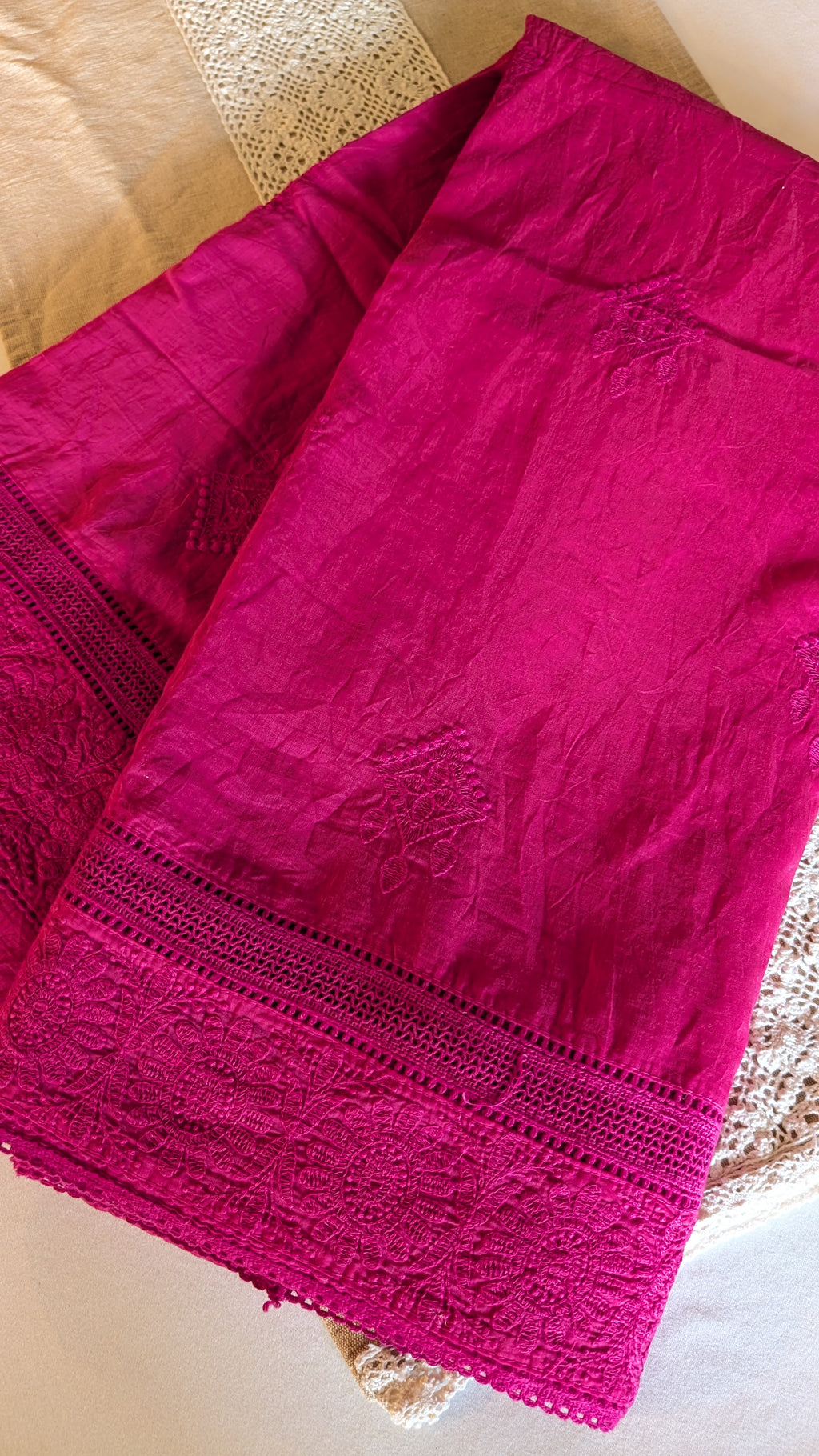 Hot pink mul chanderi saree with threadwork