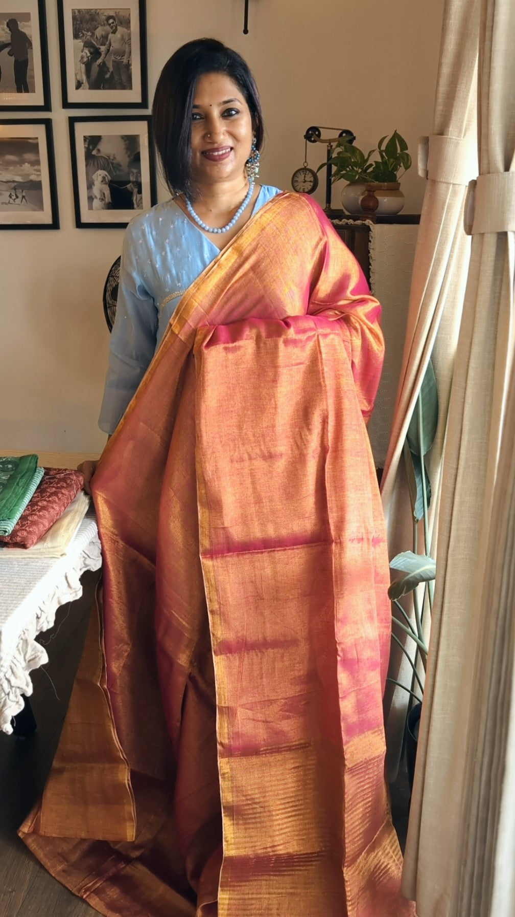 Tissue cotton double shade rani pink saree