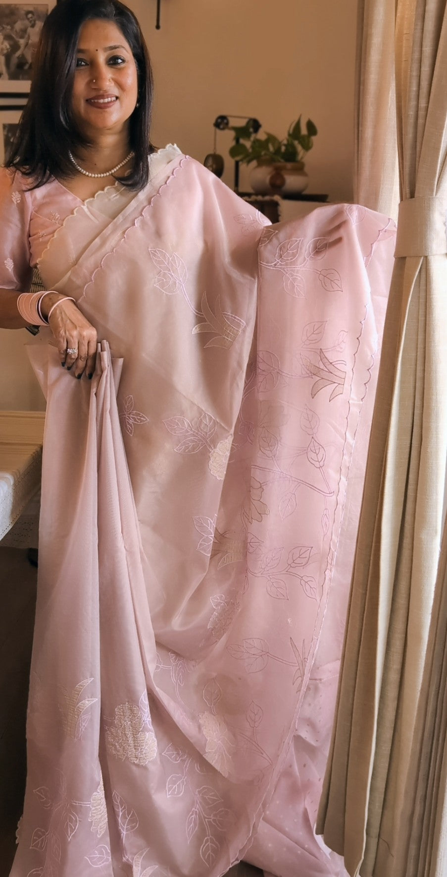Organza applique work saree