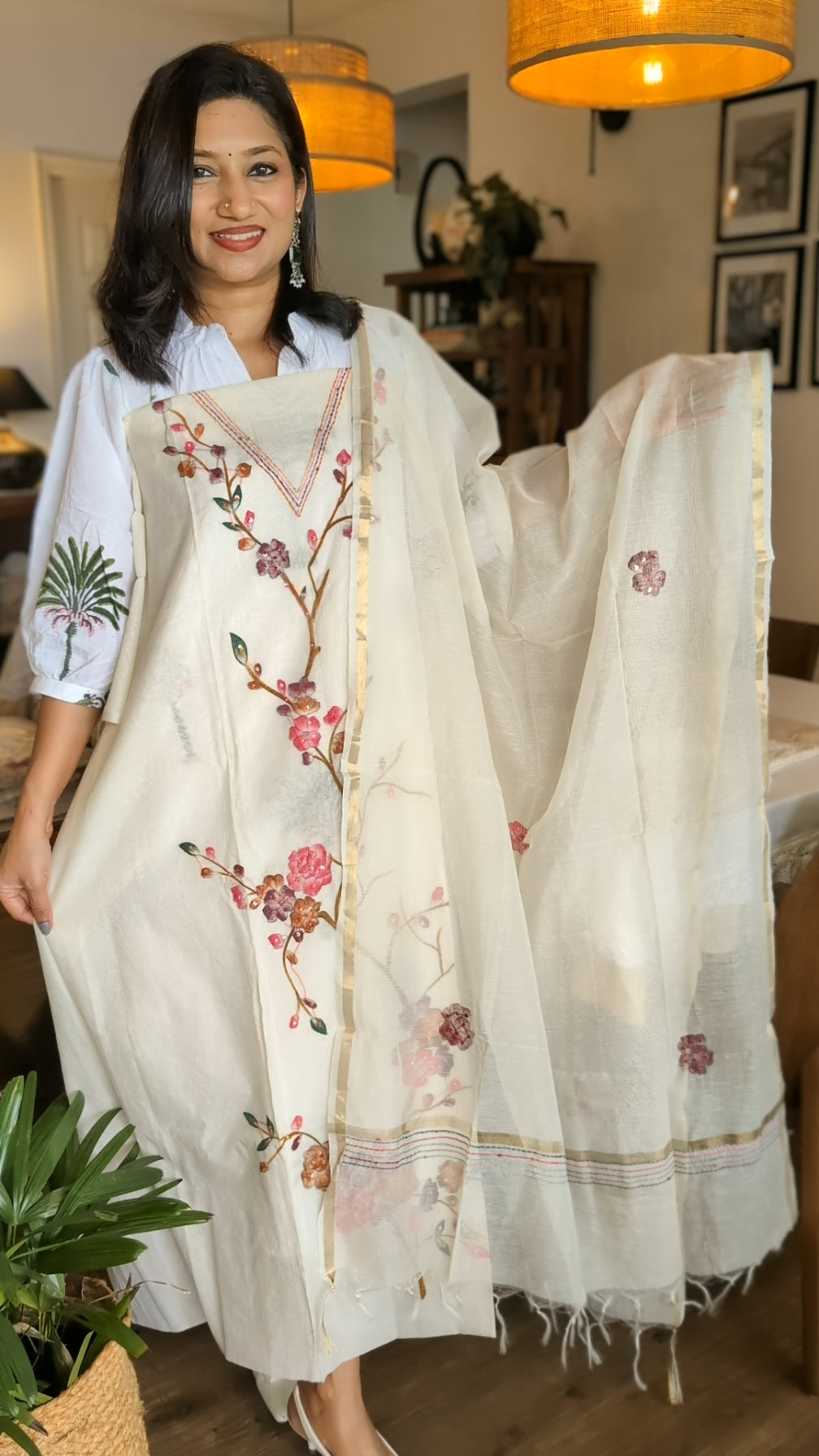 Chanderi floral set - Brown stem