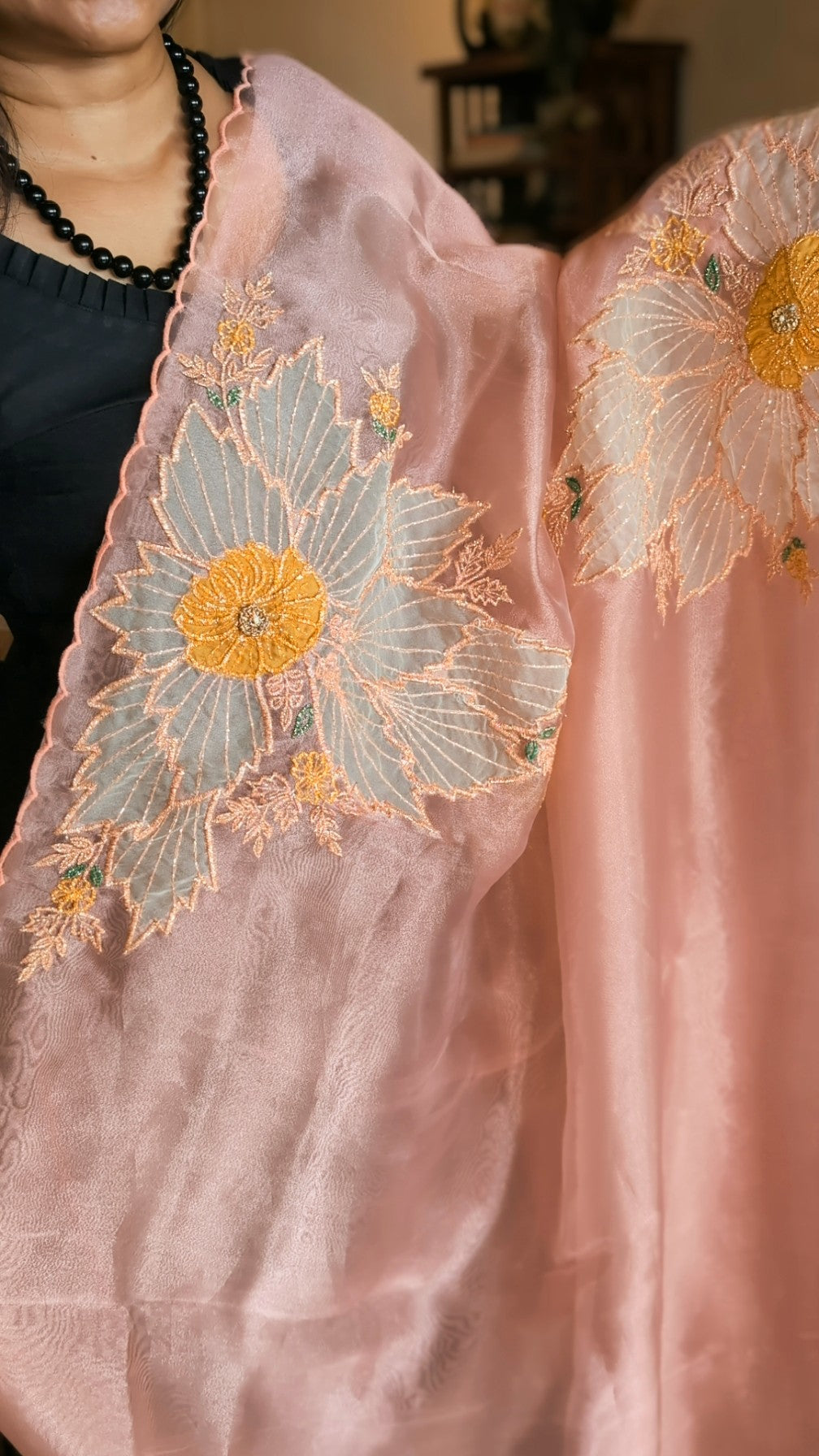 Apricot blush glass tissue organza saree