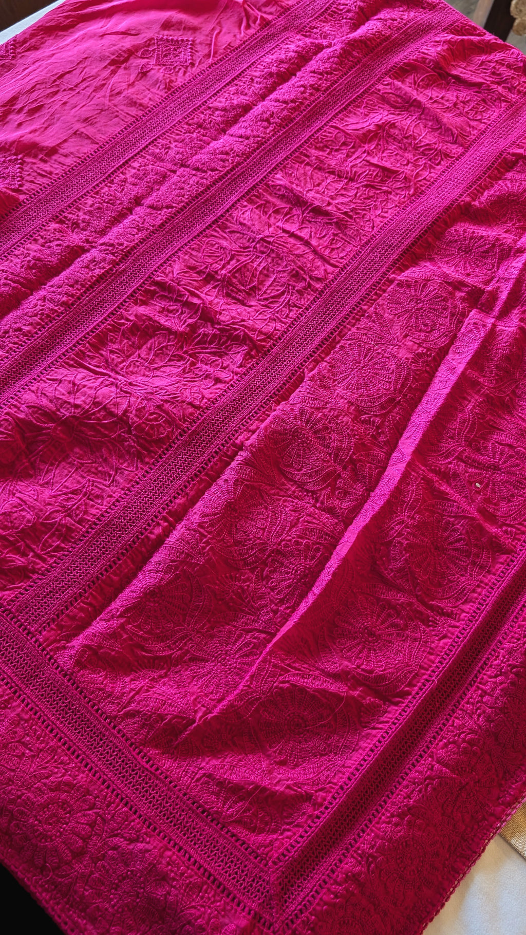 Hot pink mul chanderi saree with threadwork