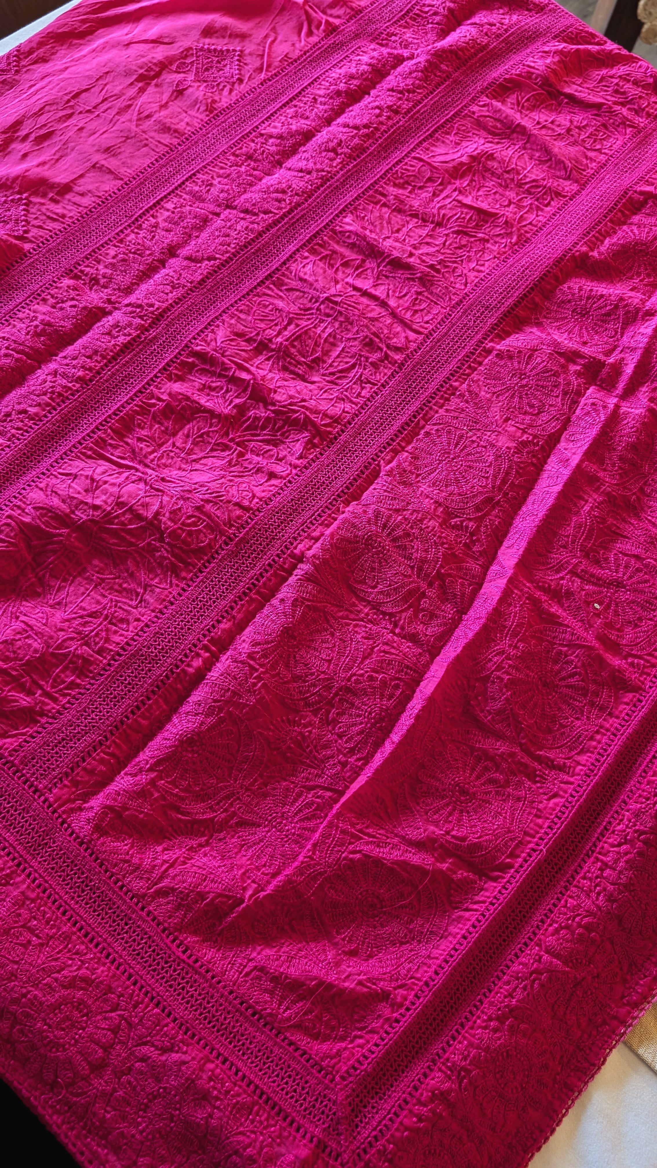Hot pink mul chanderi saree with threadwork