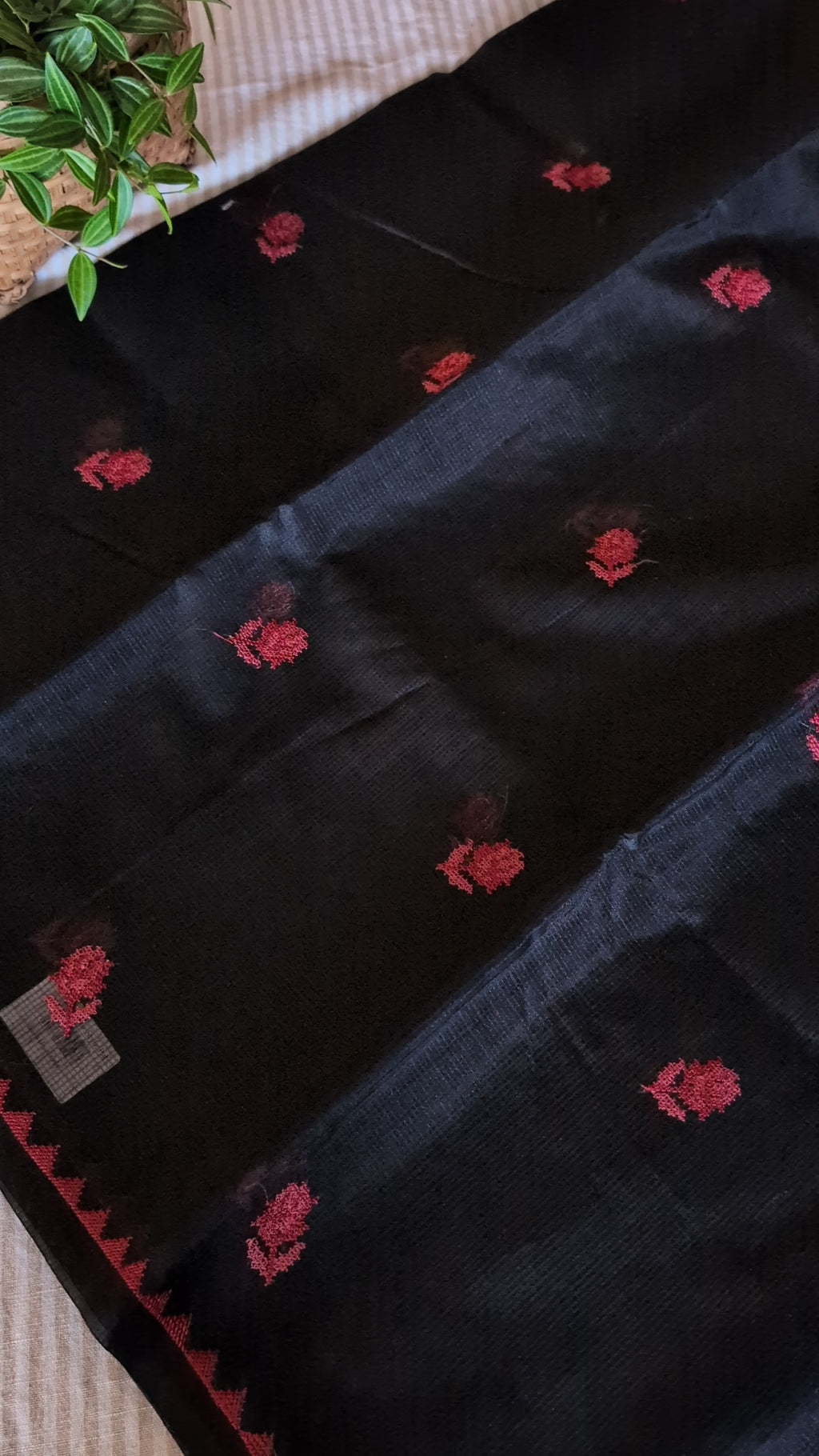 Cross stitch black munga kota  saree