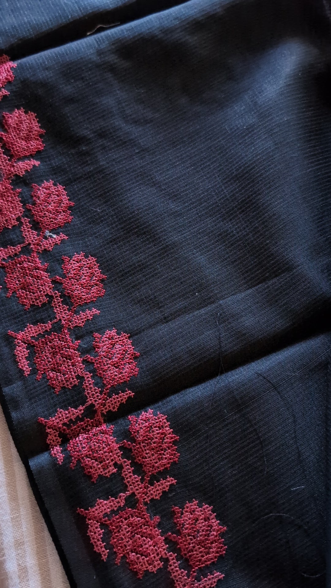 Cross stitch black munga kota  saree
