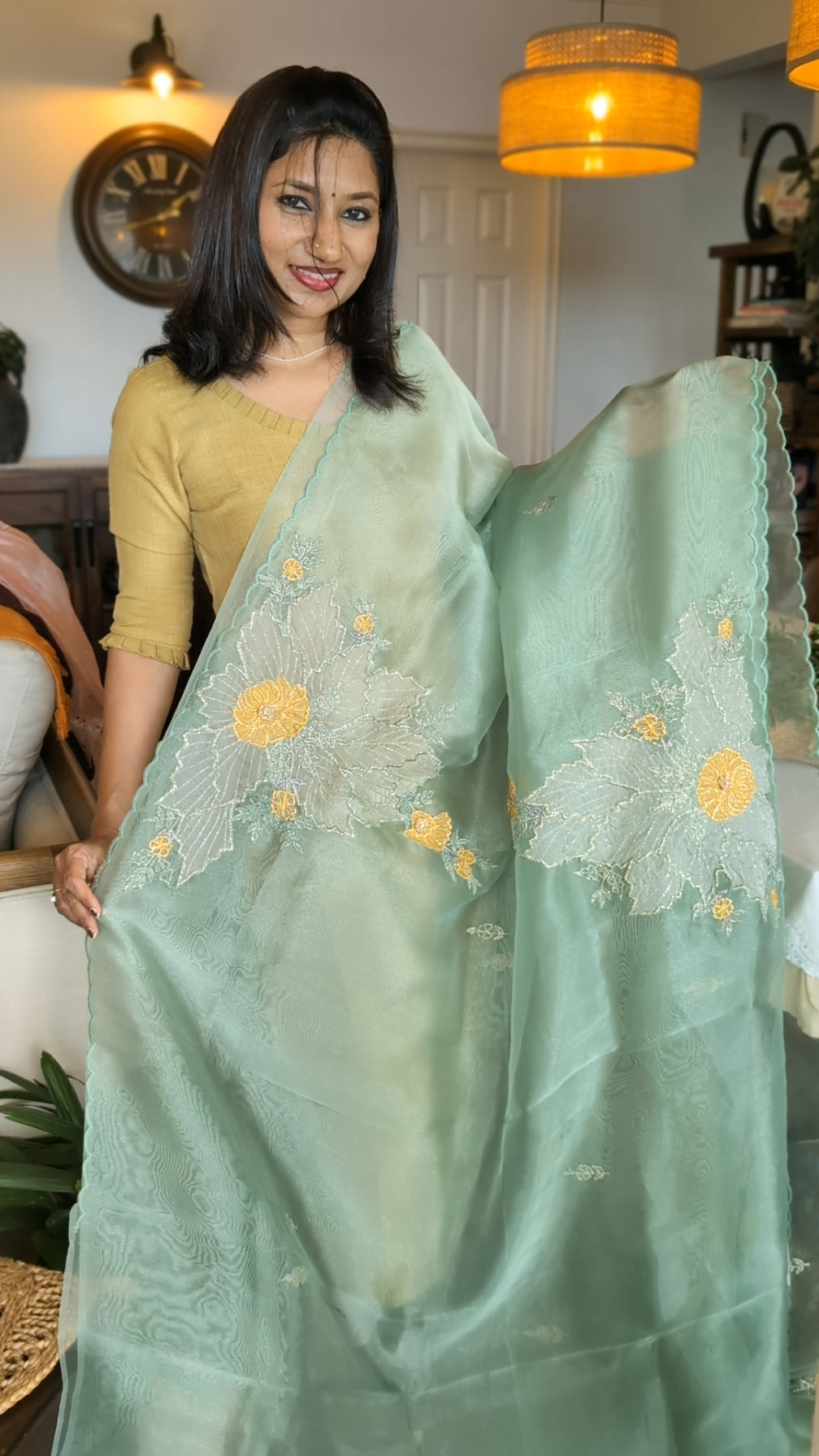 Glass tissue organza hand work saree