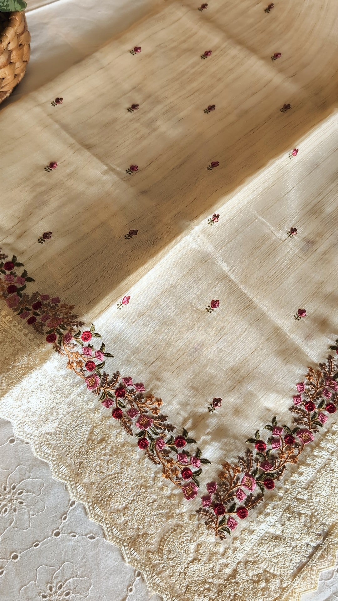 Jute cotton beige saree with thread work