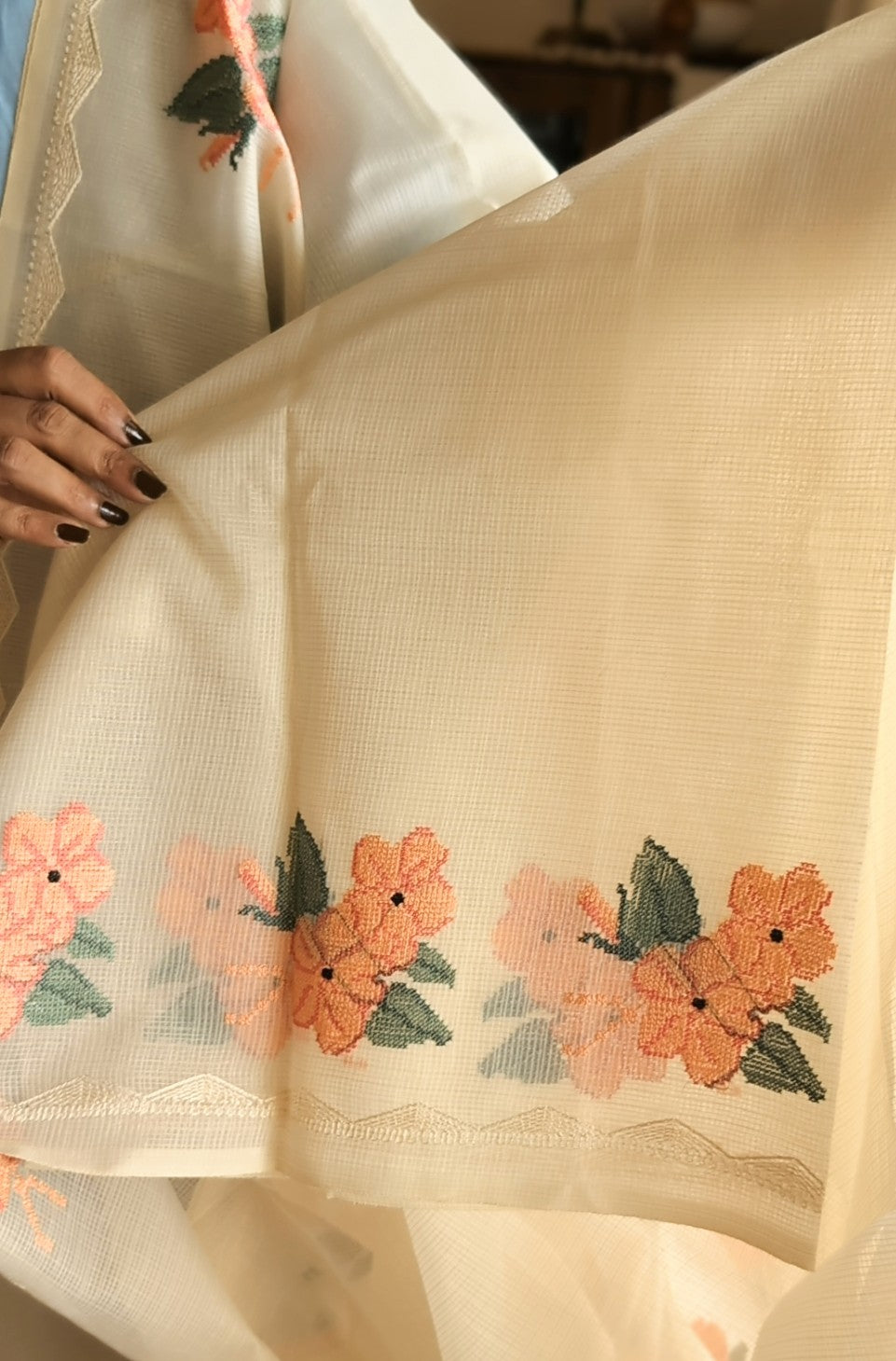 Munga kota light cream Cross stitch saree