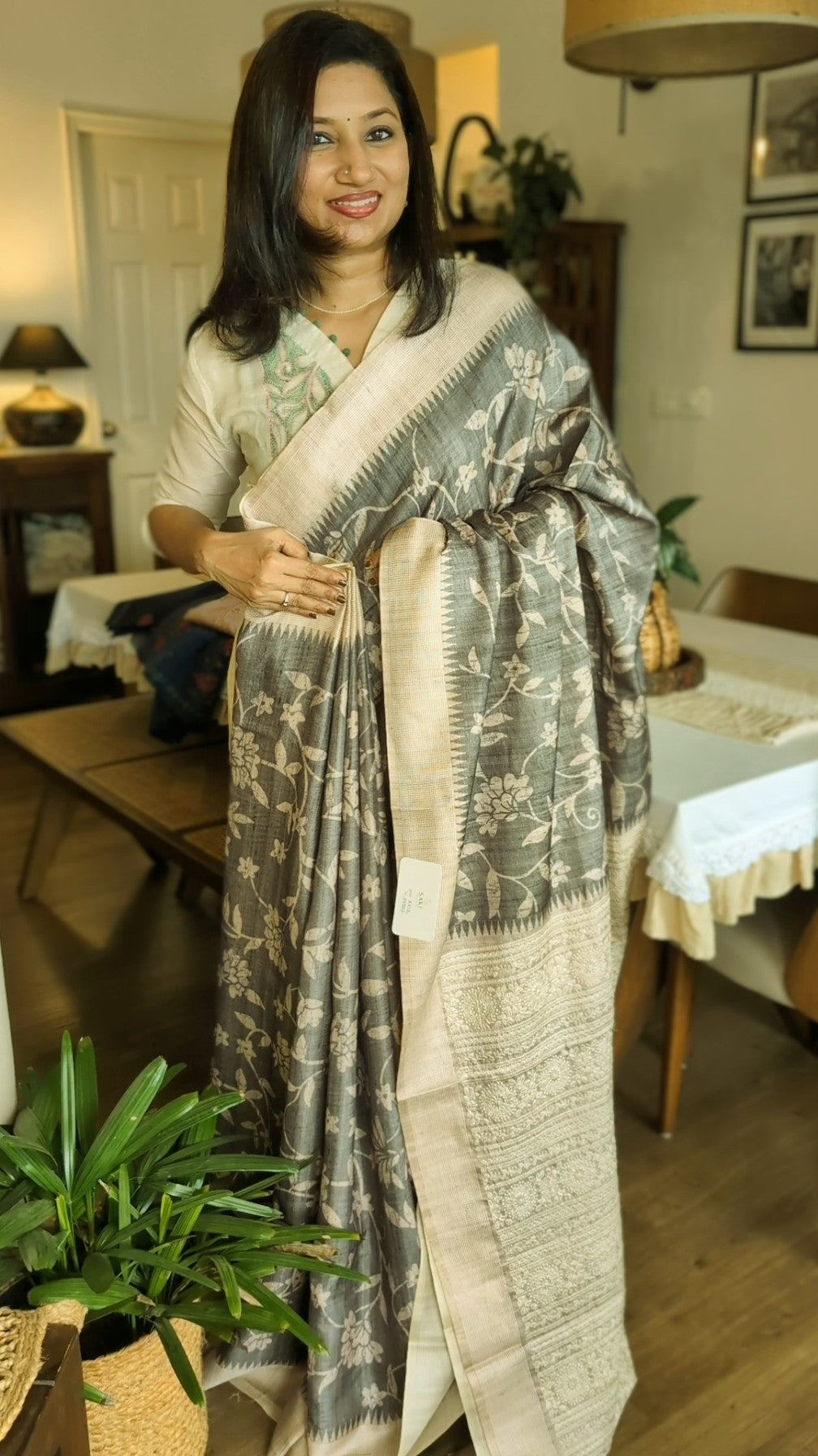 Semi tusser thread work saree