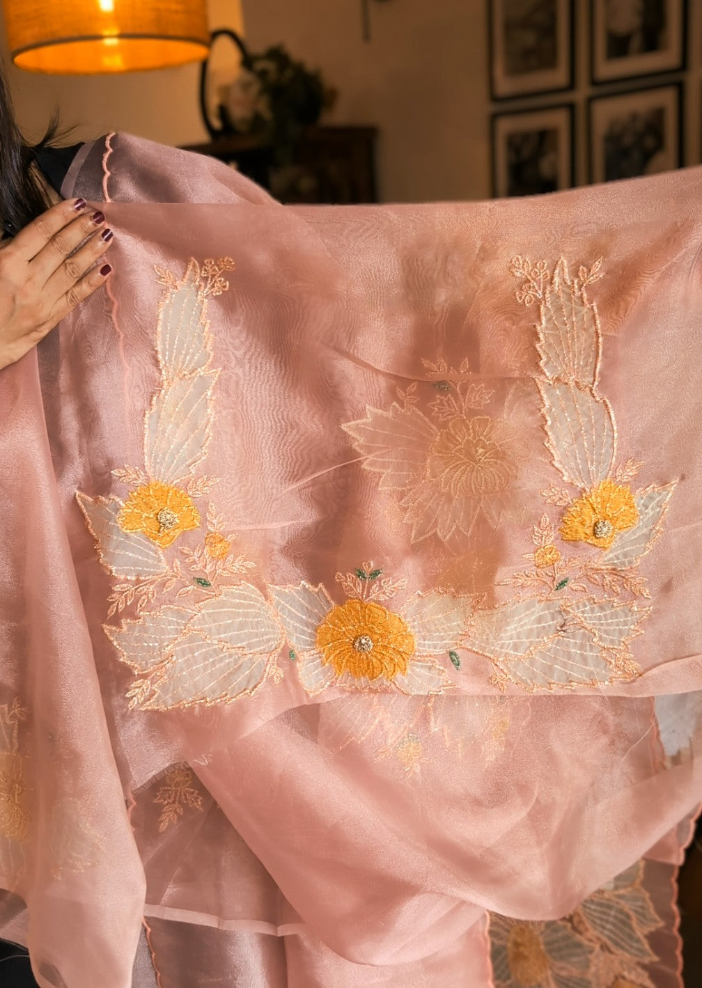 Apricot blush glass tissue organza saree