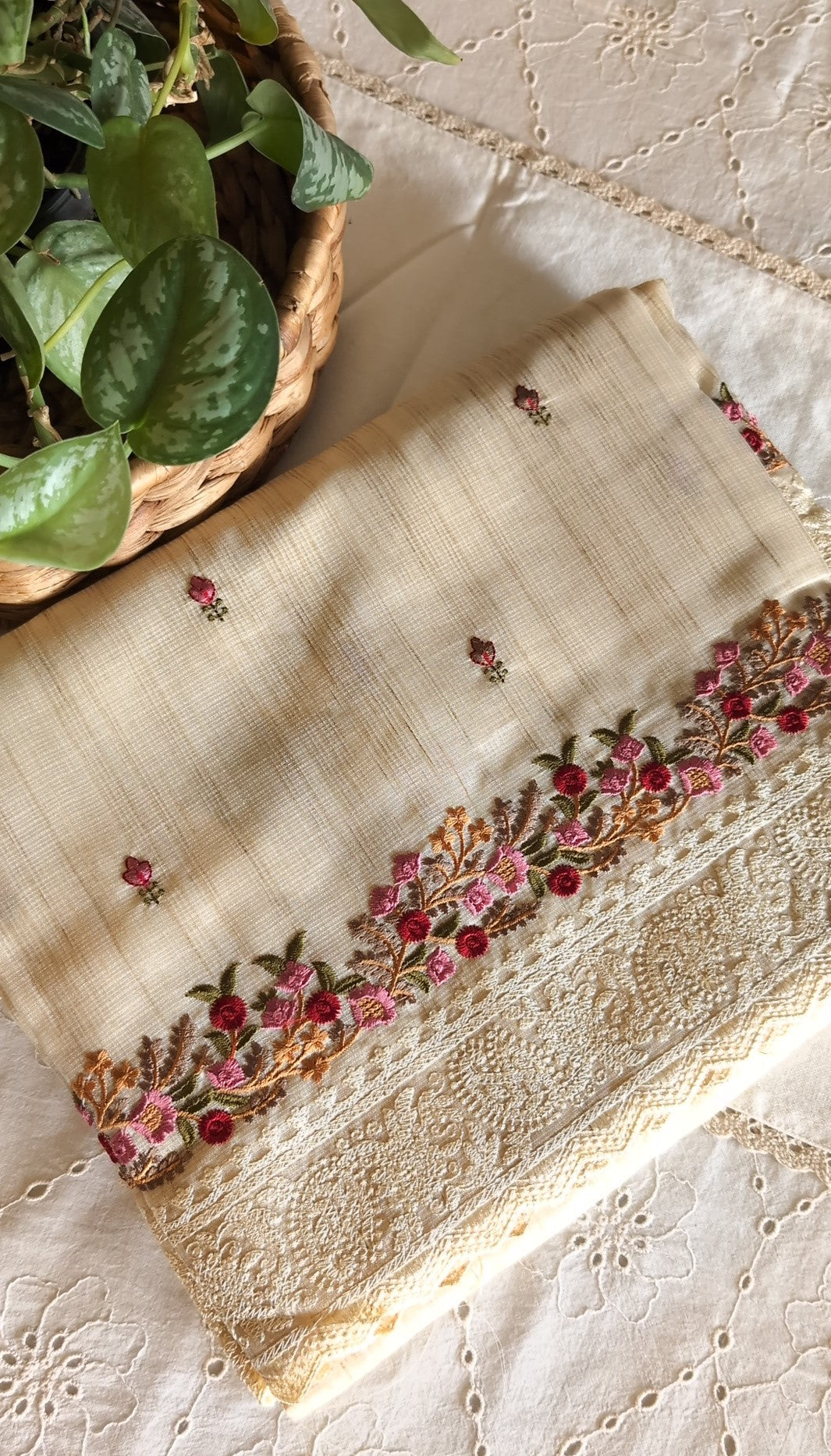 Jute cotton beige saree with thread work