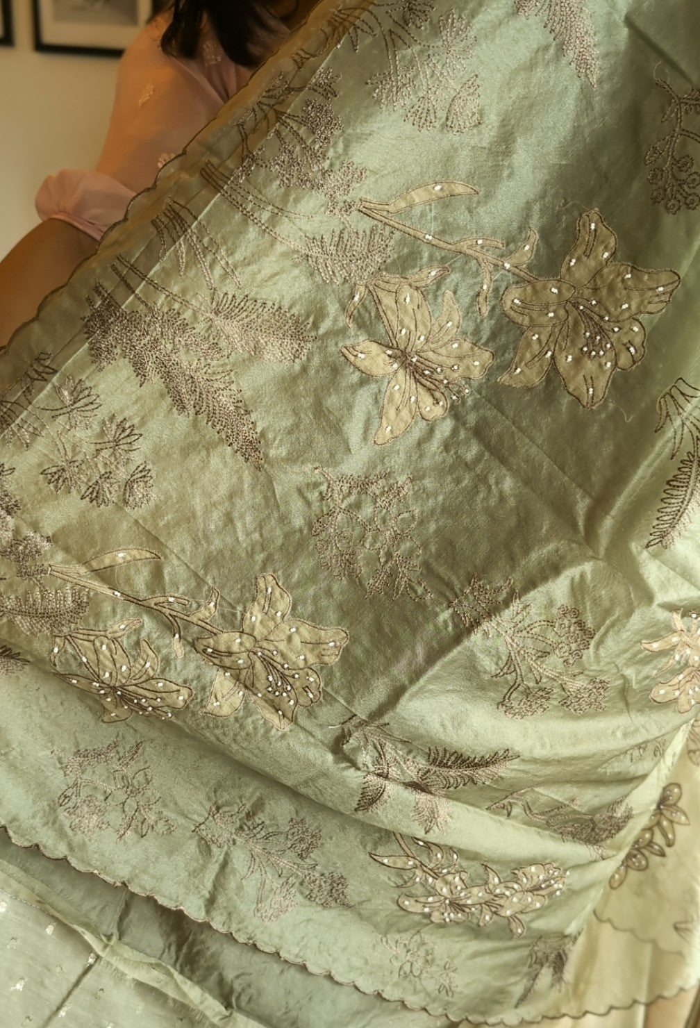Organza applique bead  handwork saree