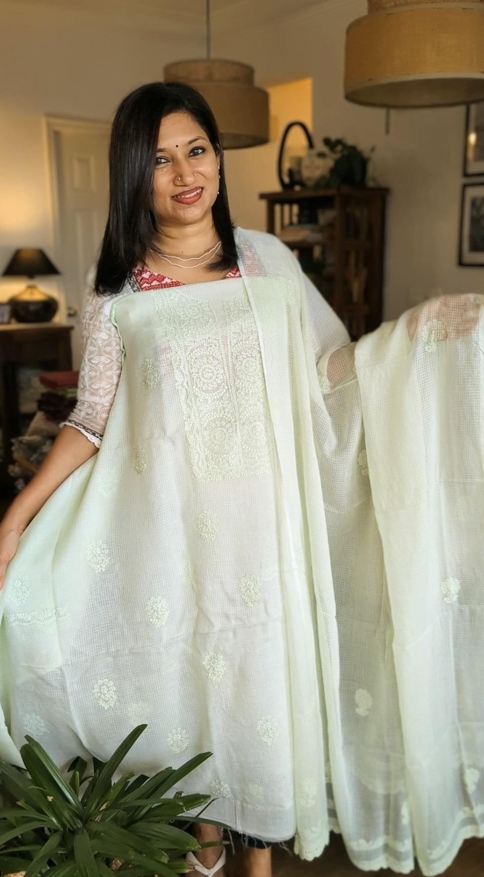 Tea green chikkankari kota set