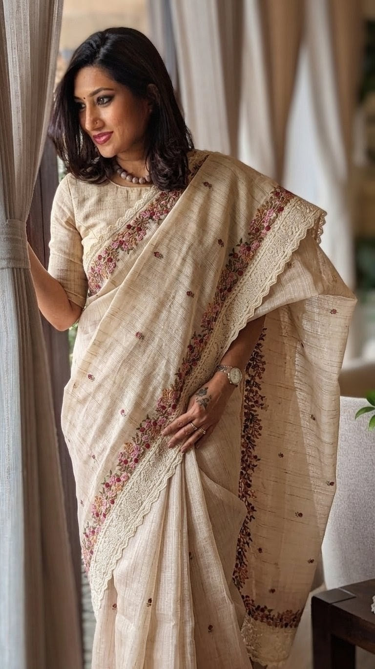 Jute cotton beige saree with thread work
