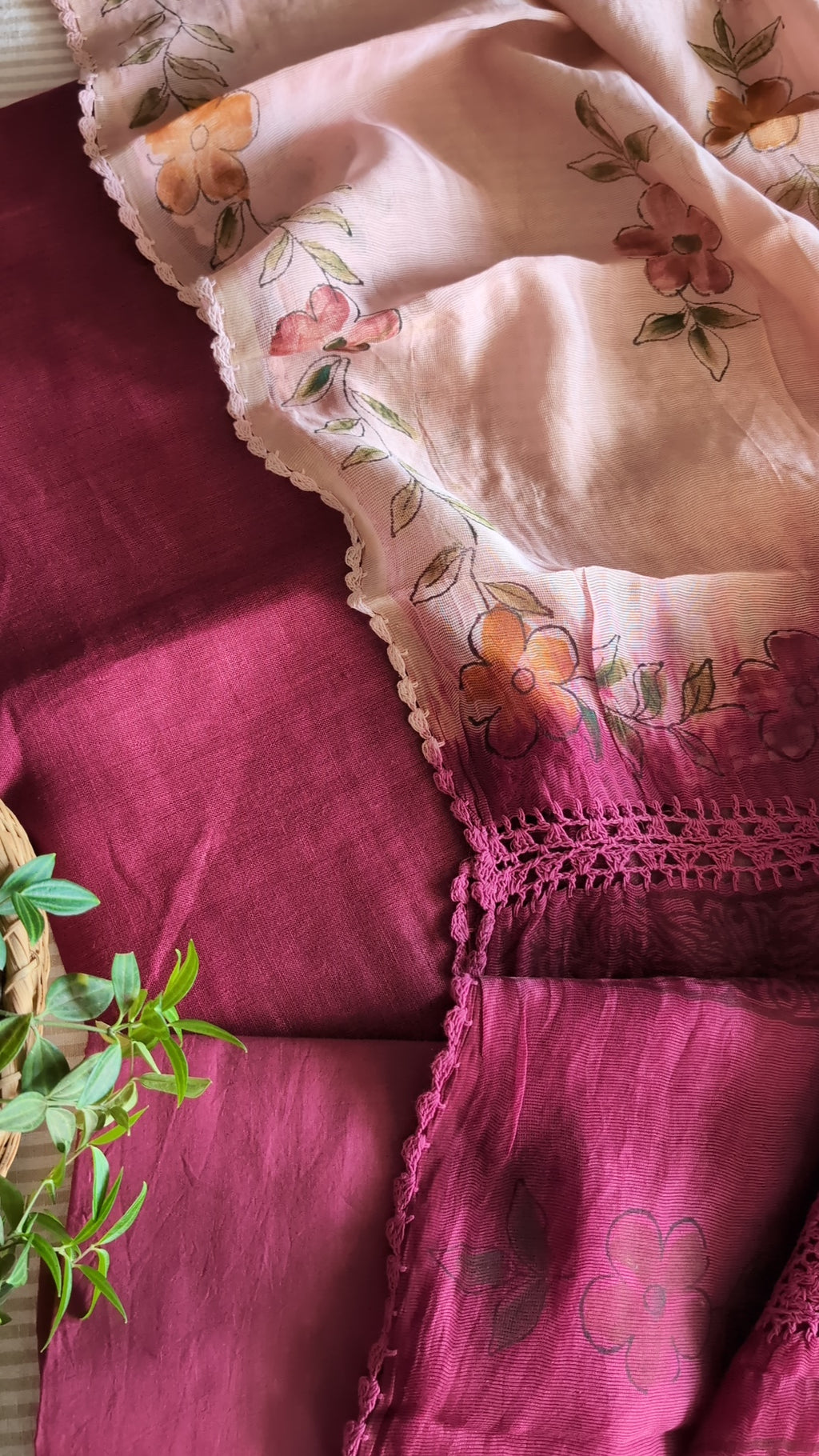 Pure linen maroon - silk net set