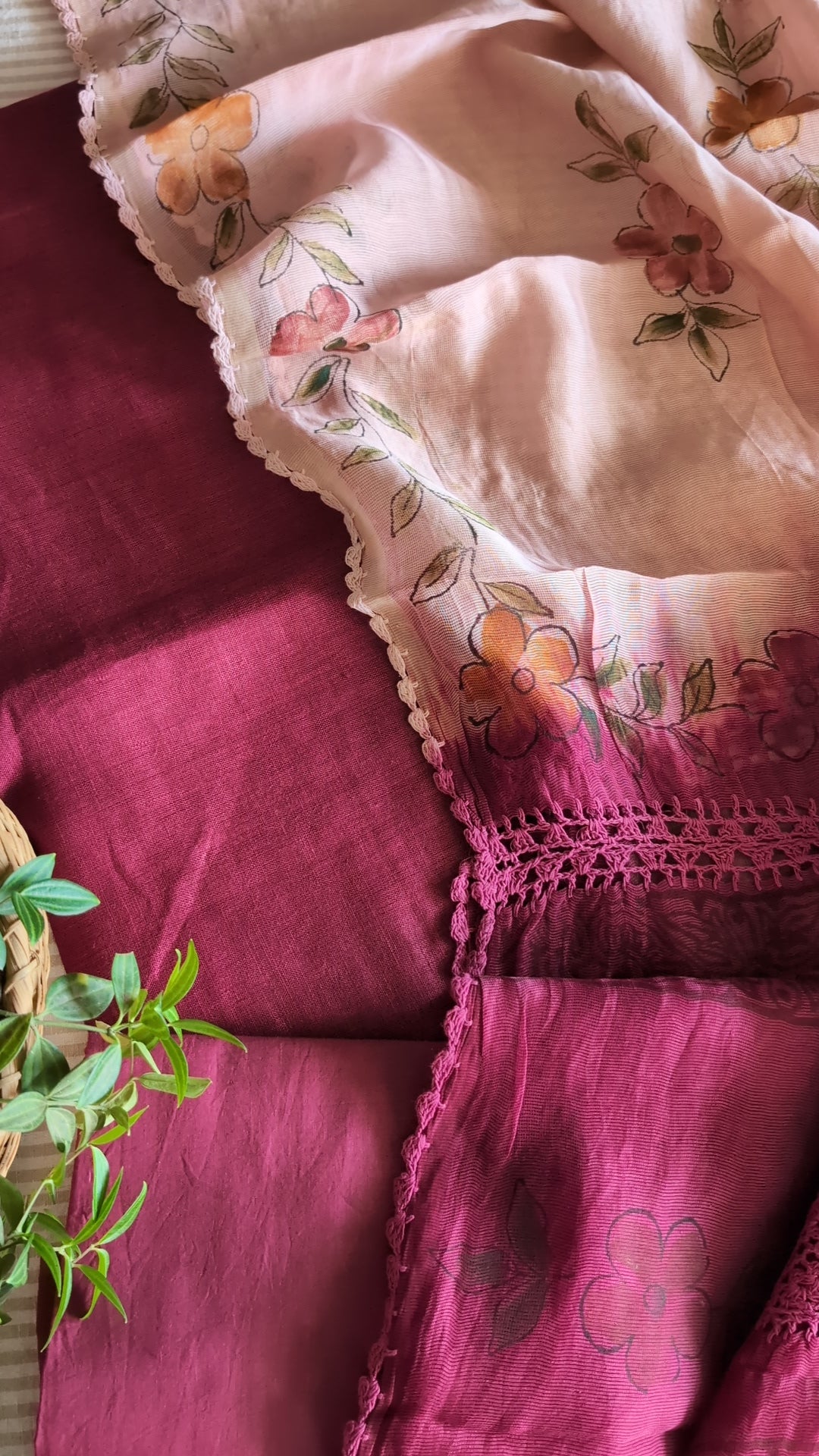 Pure linen maroon - silk net set