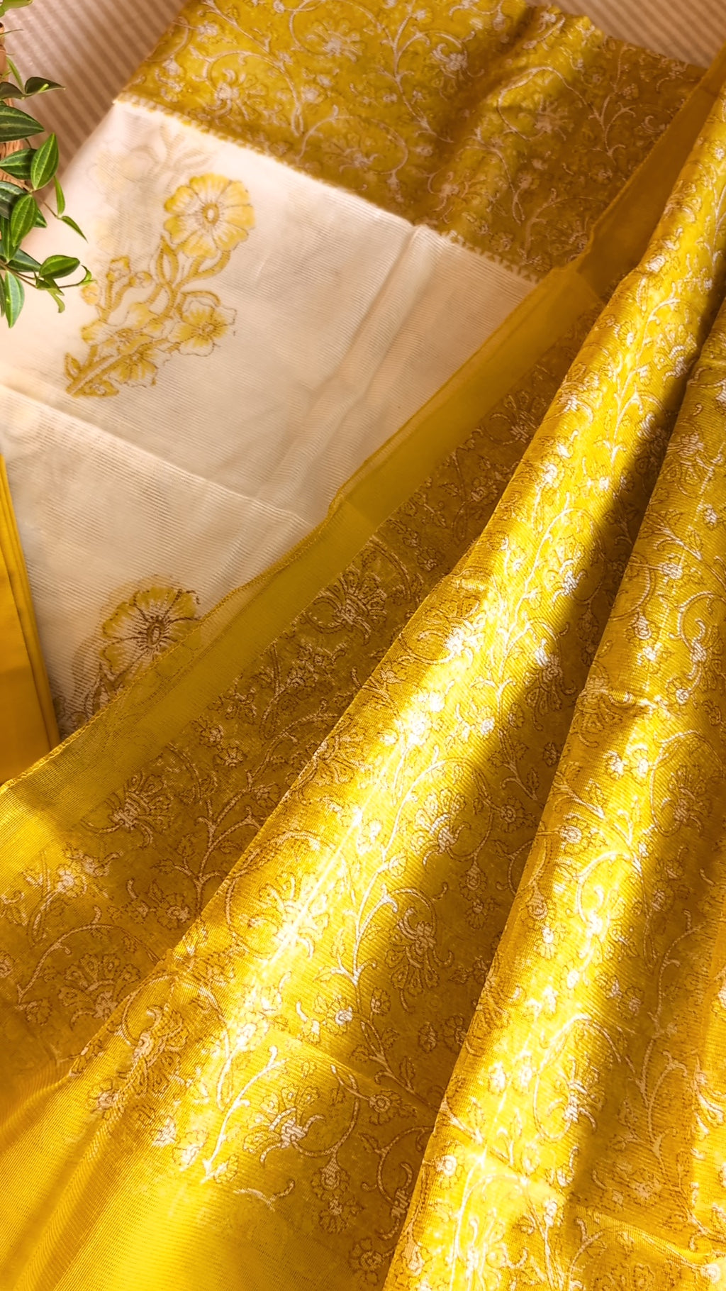 Offwhite & Mustard yellow Printed net kota set