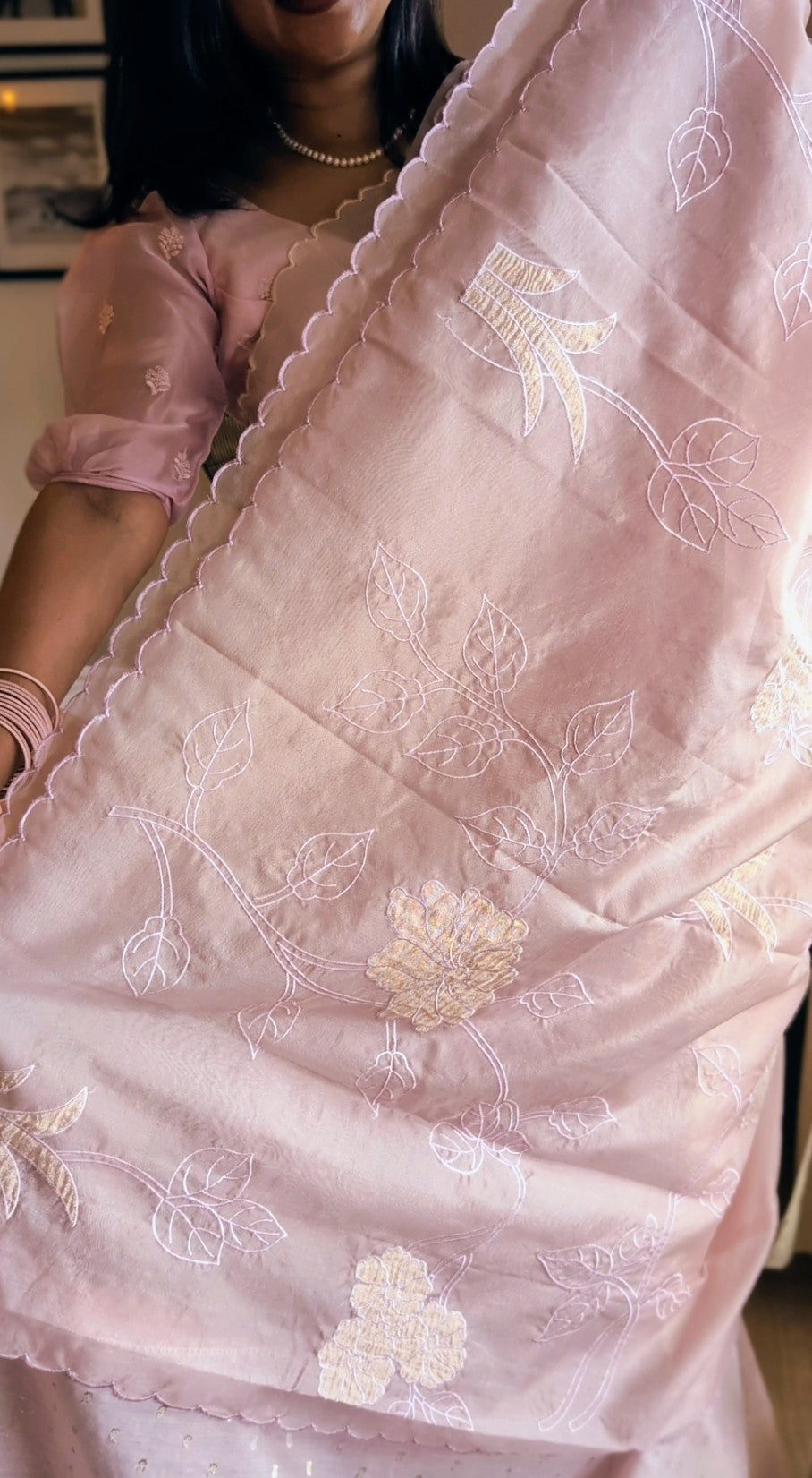 Organza applique work saree