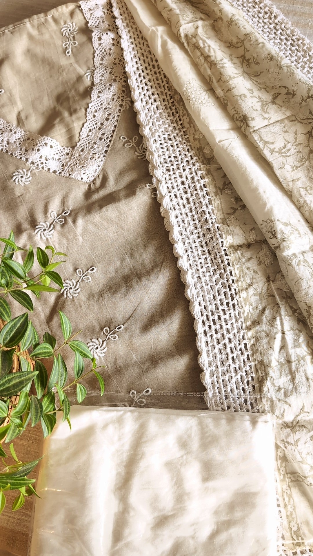 Chanderi Greige  white thread work set