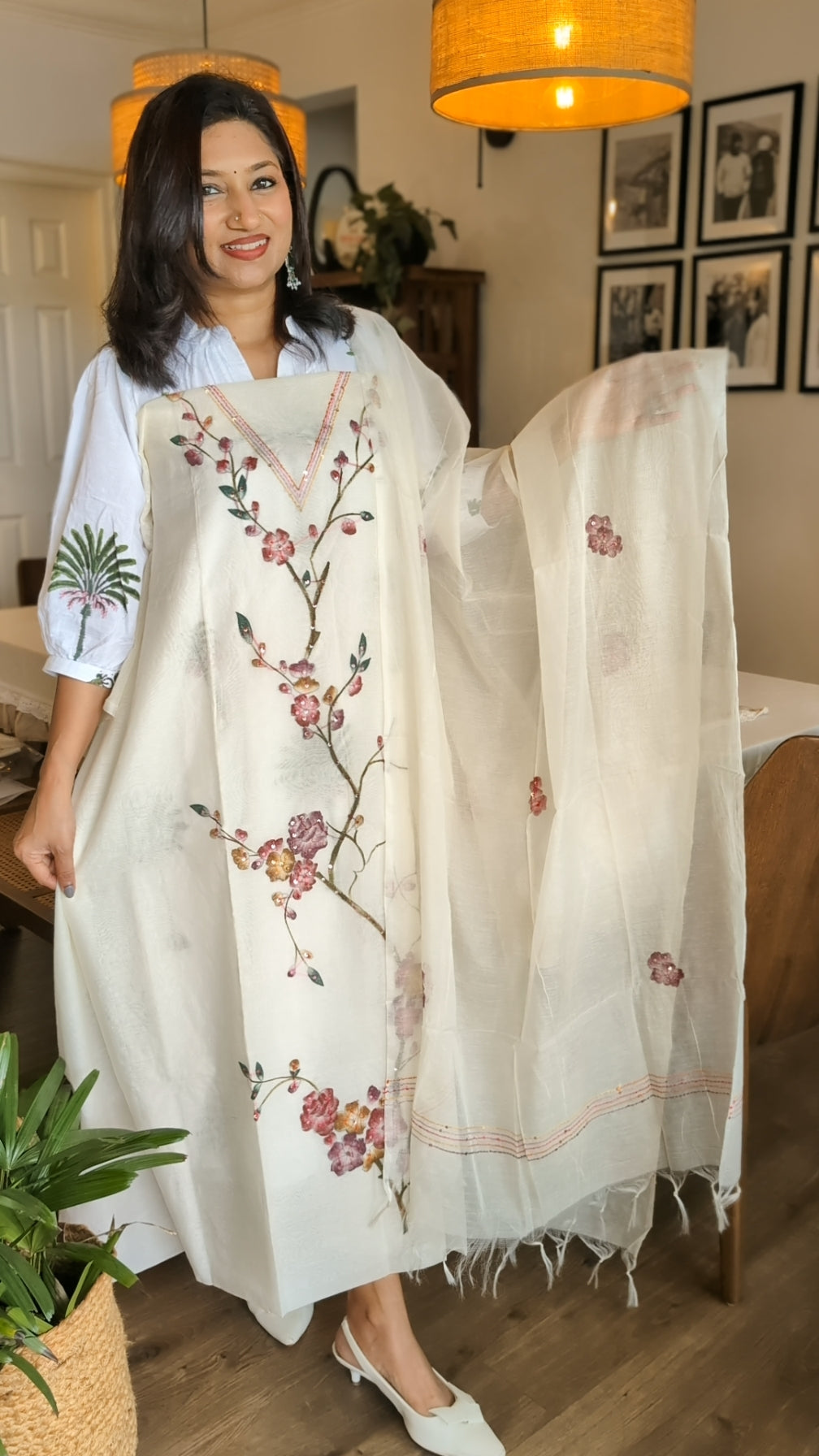 Chanderi floral set - green stem