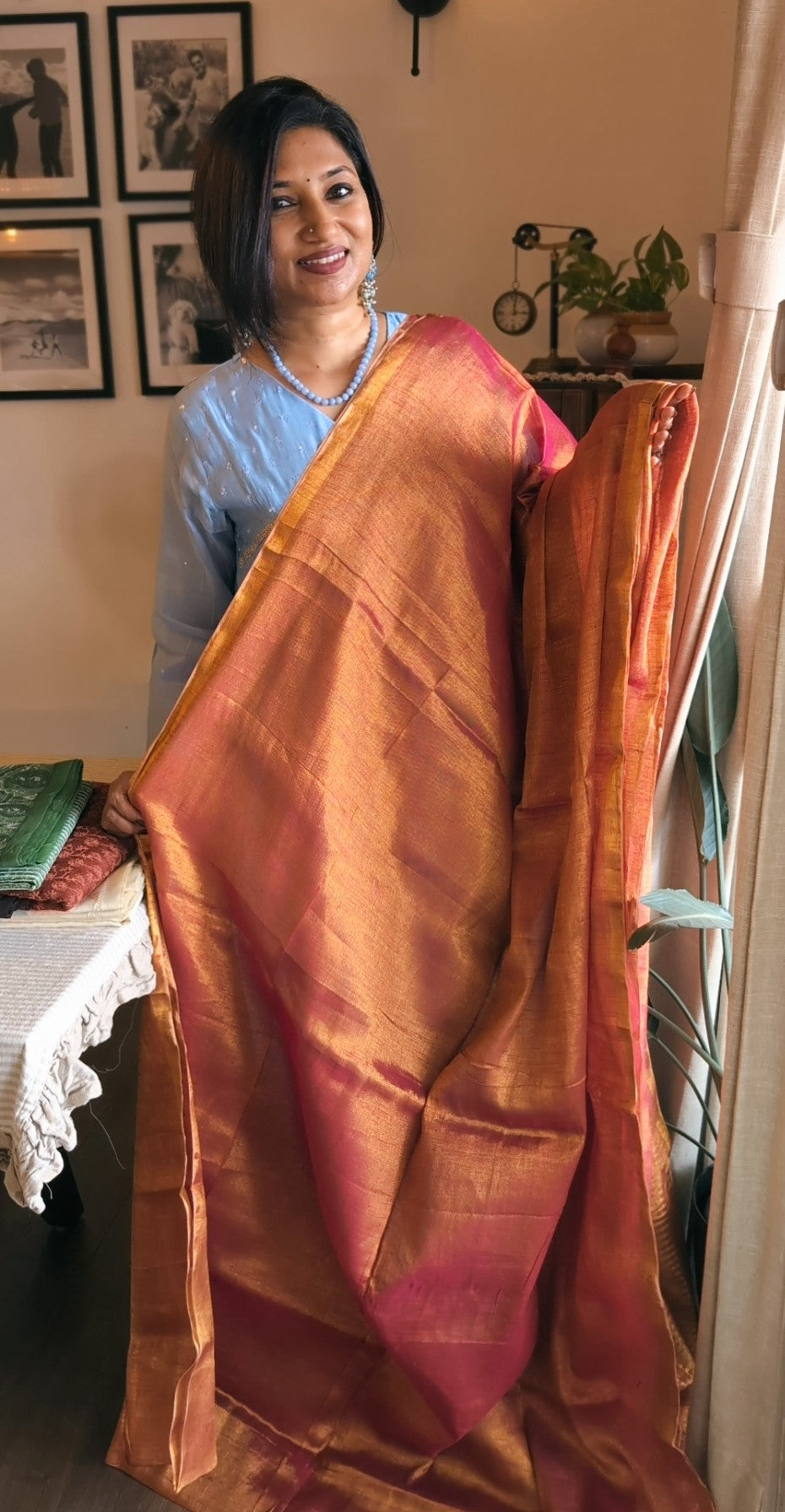 Tissue cotton double shade rani pink saree