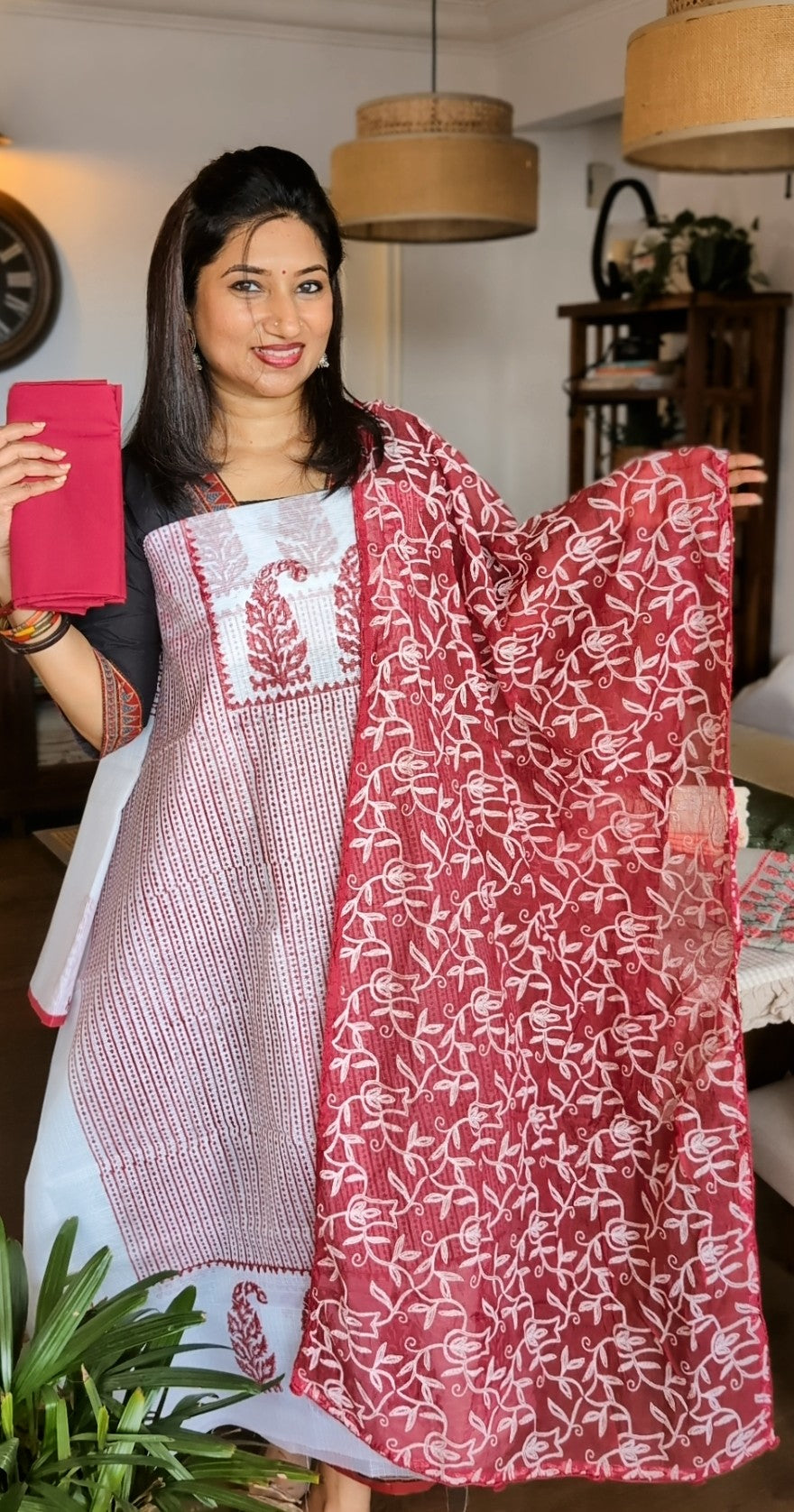 Kota printed set white red combo