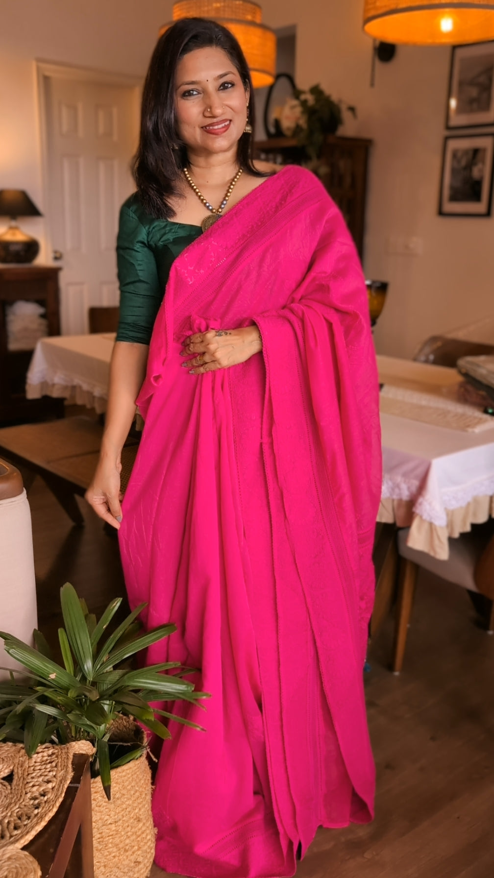Hot pink mul chanderi saree with threadwork