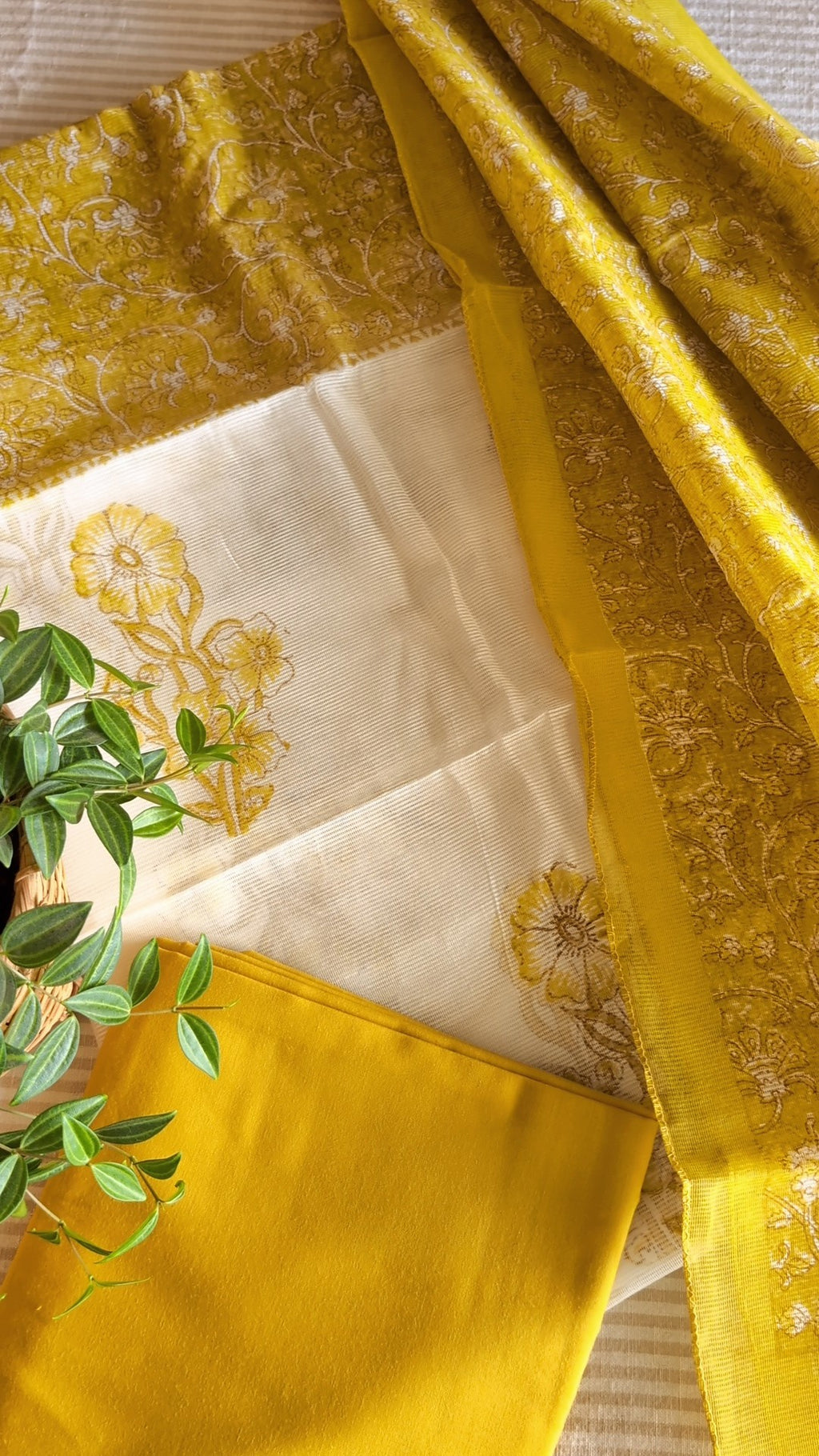 Offwhite & Mustard yellow Printed net kota set