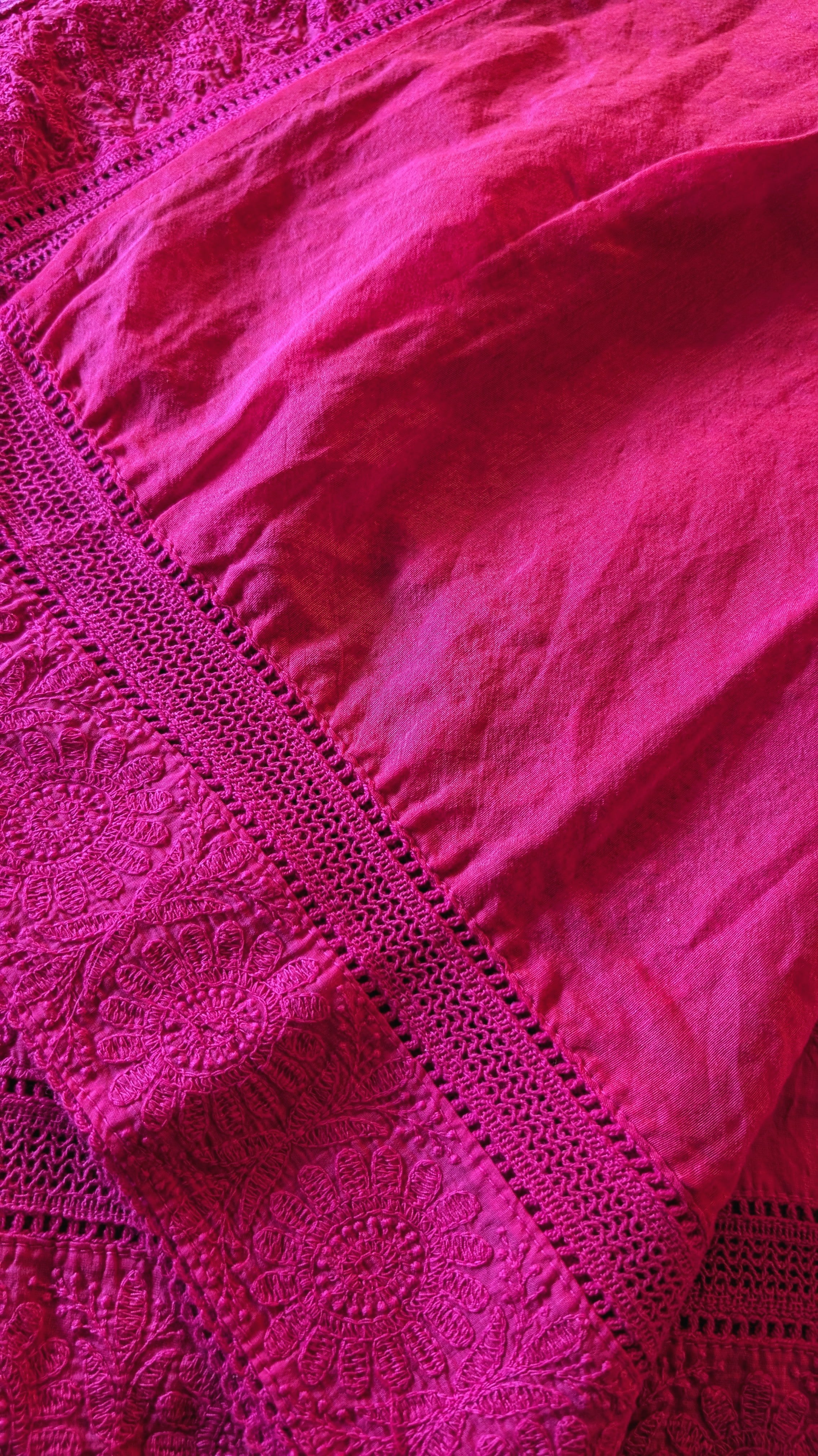 Hot pink mul chanderi saree with threadwork