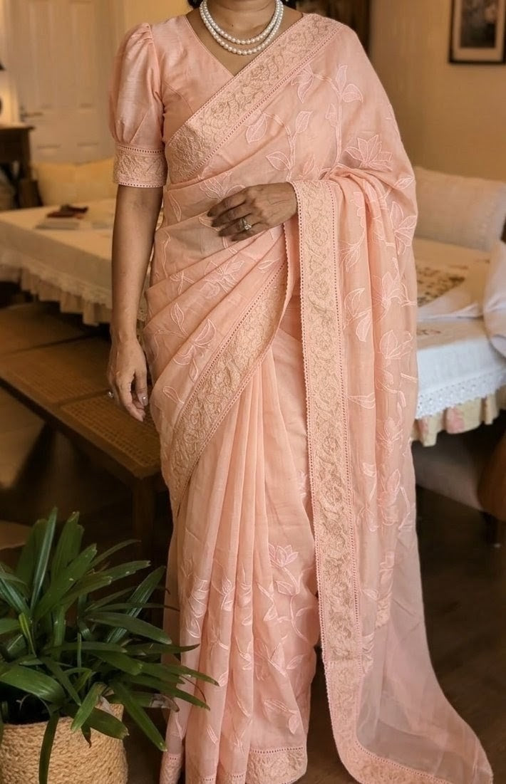 Mul chanderi Applique work saree