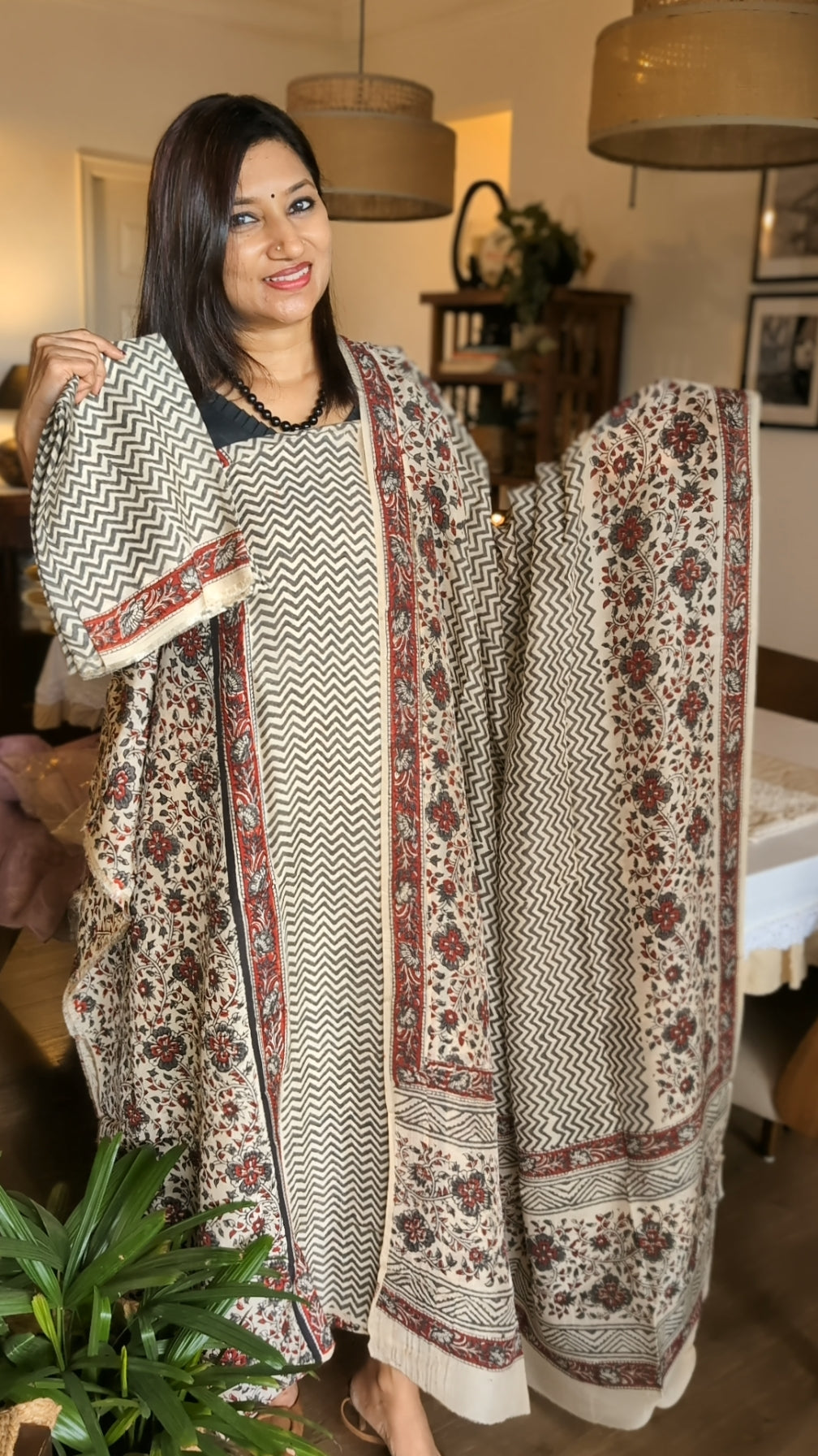 Muslin Bagru  grey red printed set