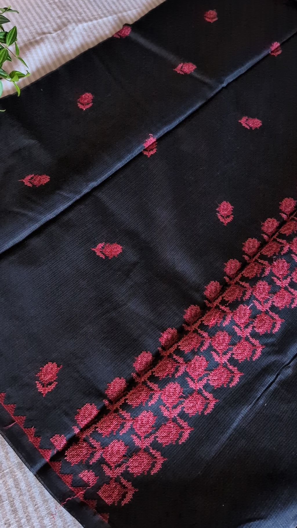 Cross stitch black munga kota  saree