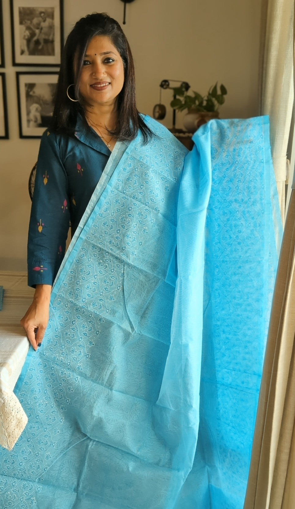 Net kota printed saree- Pastel blue
