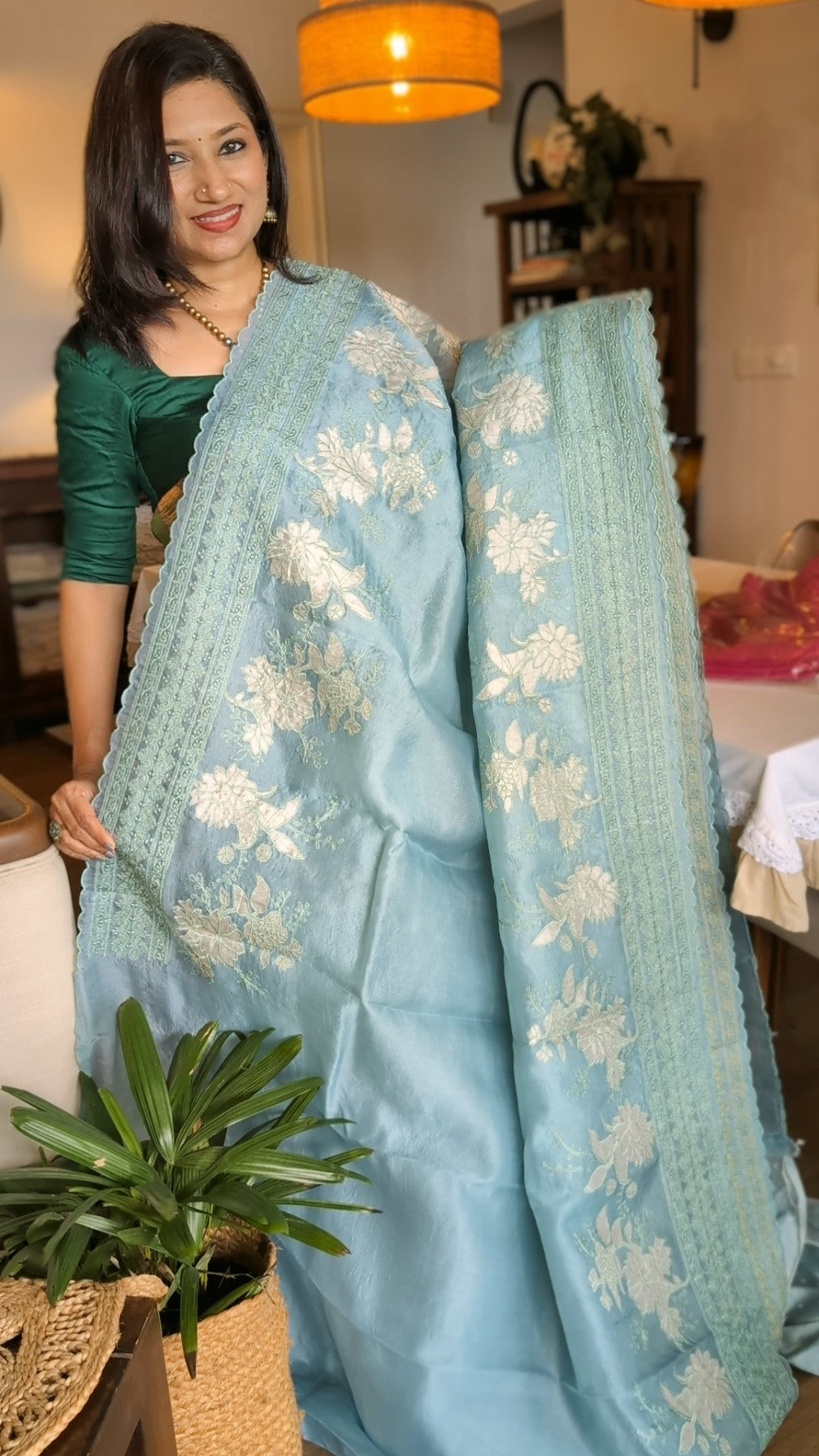 Pure organza tissue applique saree
