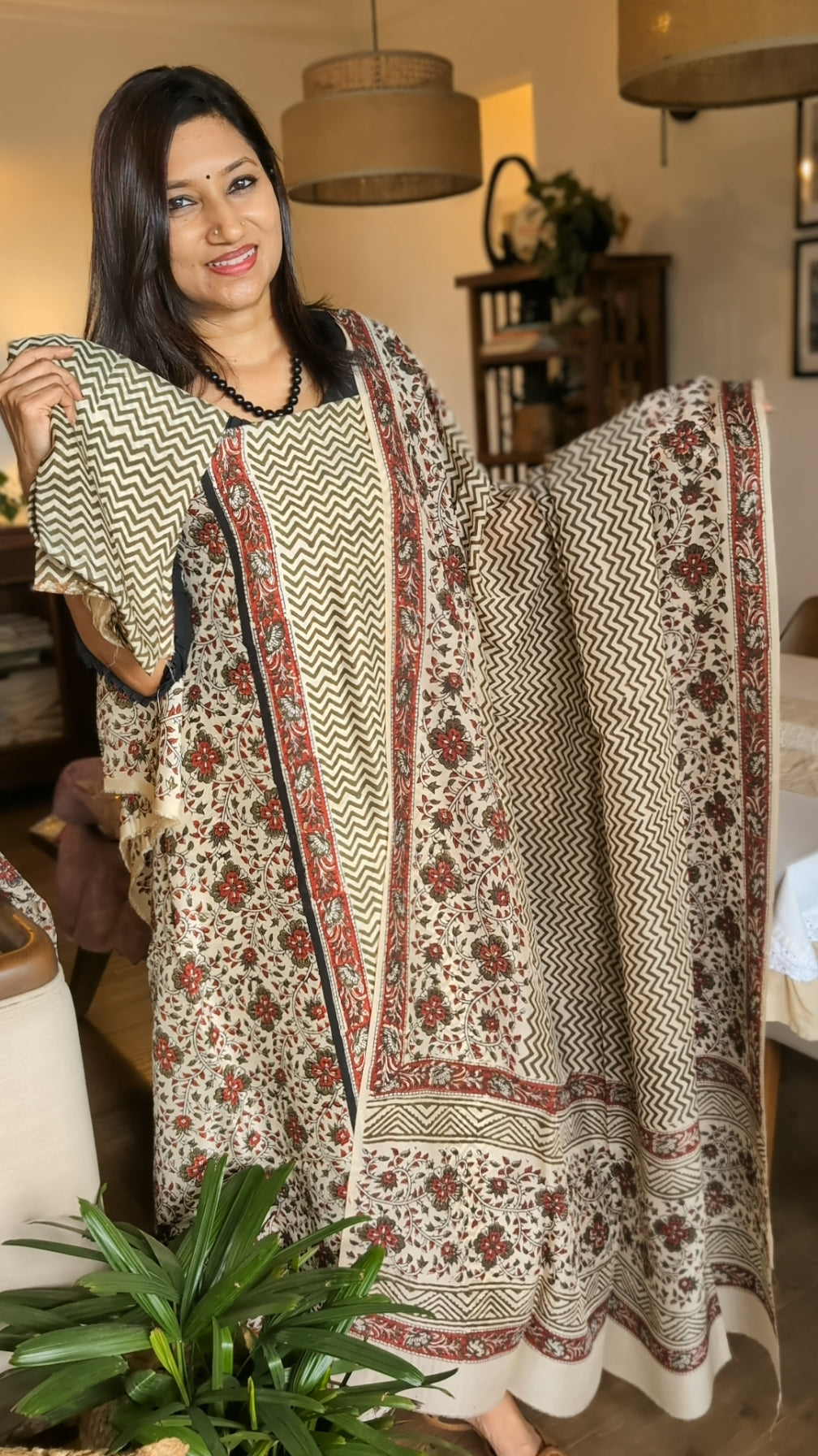Muslin bagru green red printed set