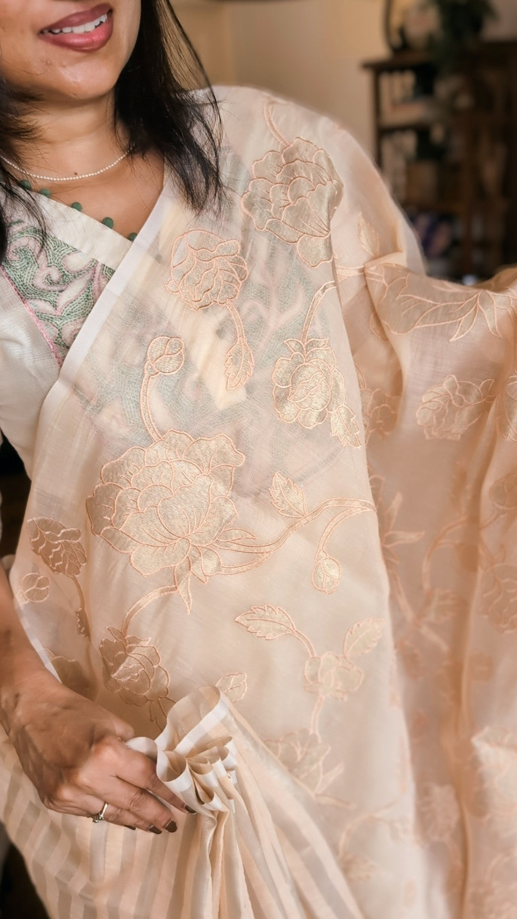 Peach chanderi applique saree