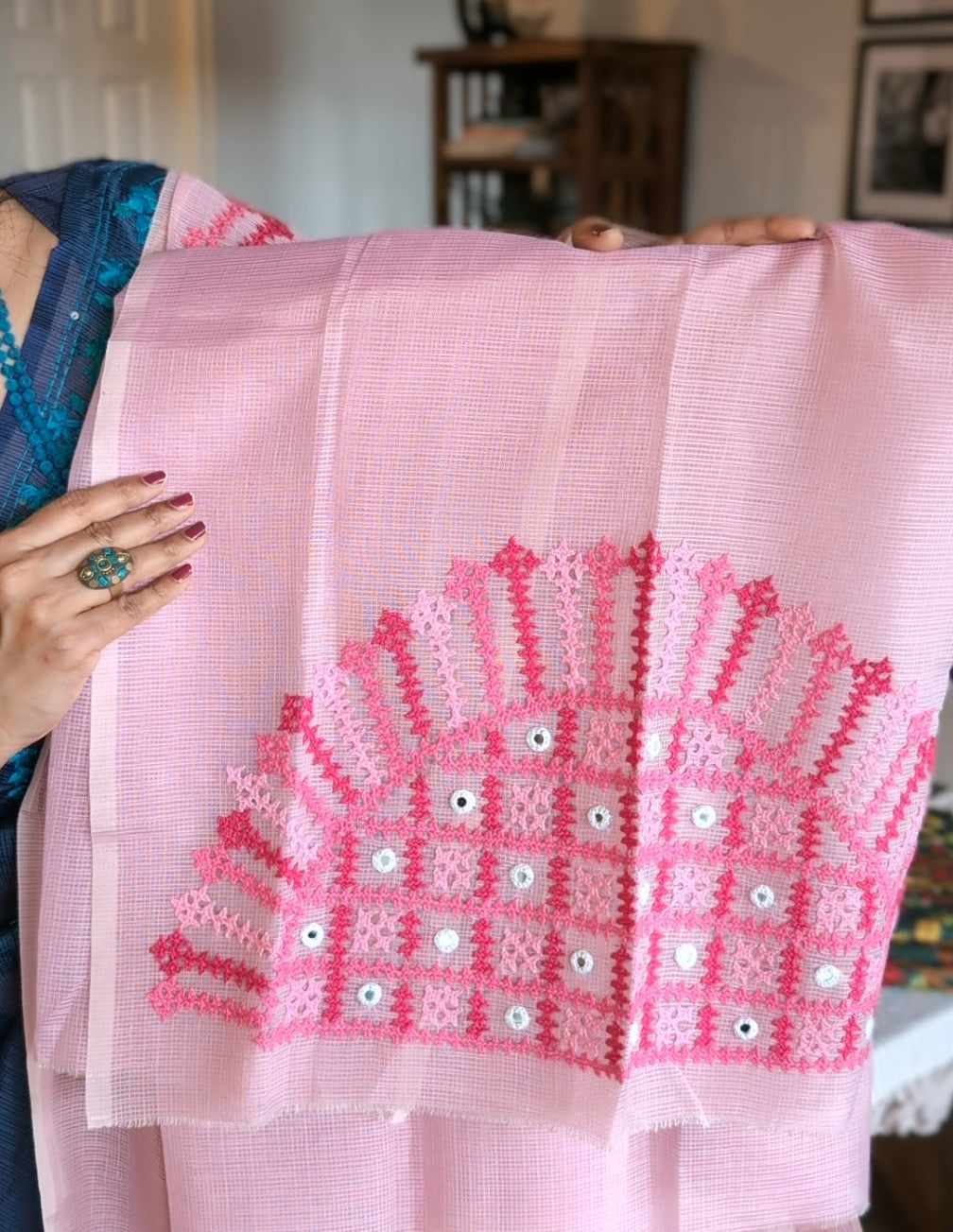 Pink munga kota kutch work saree