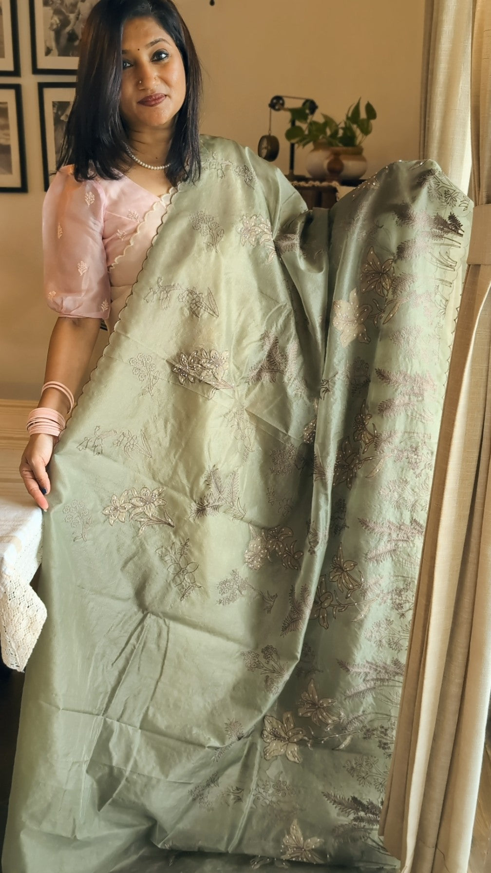 Organza applique bead  handwork saree