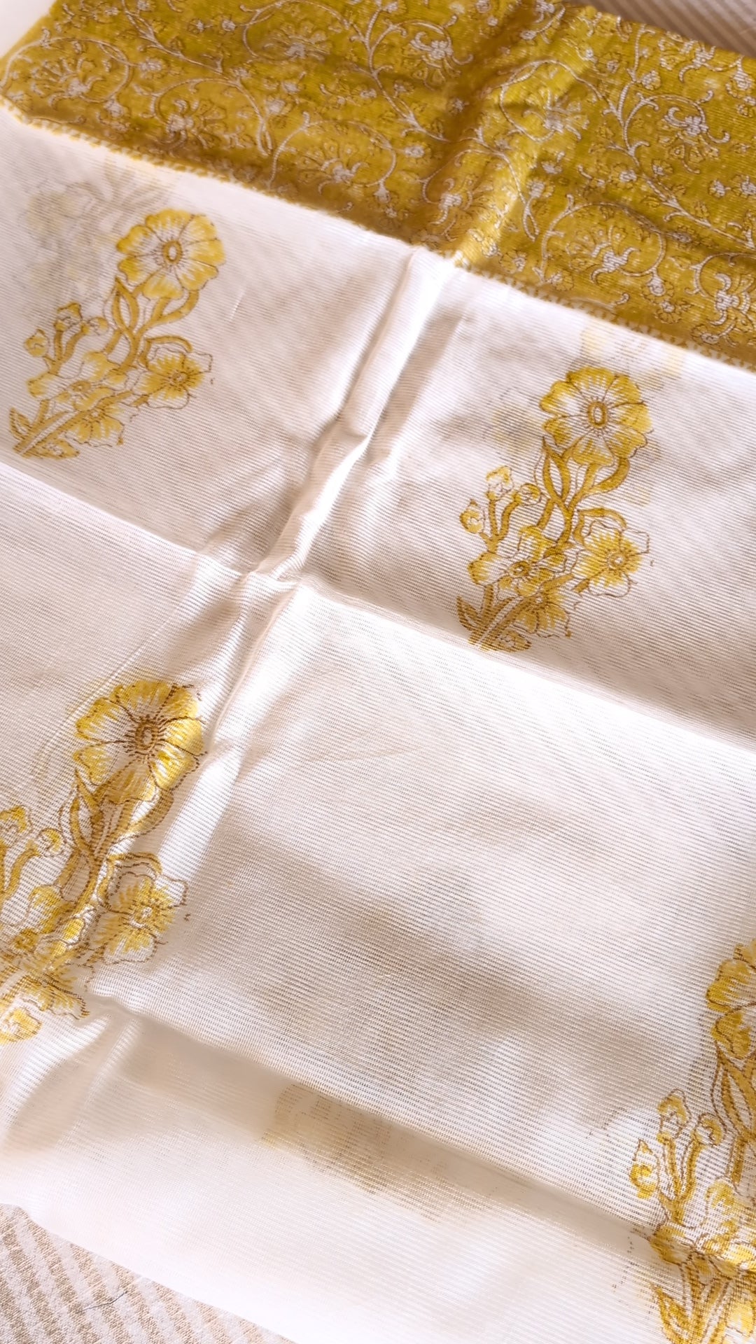 Offwhite & Mustard yellow Printed net kota set