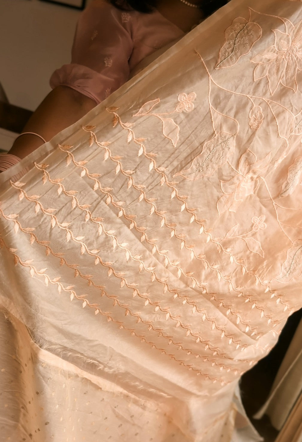 Peach organza applique embroidery saree