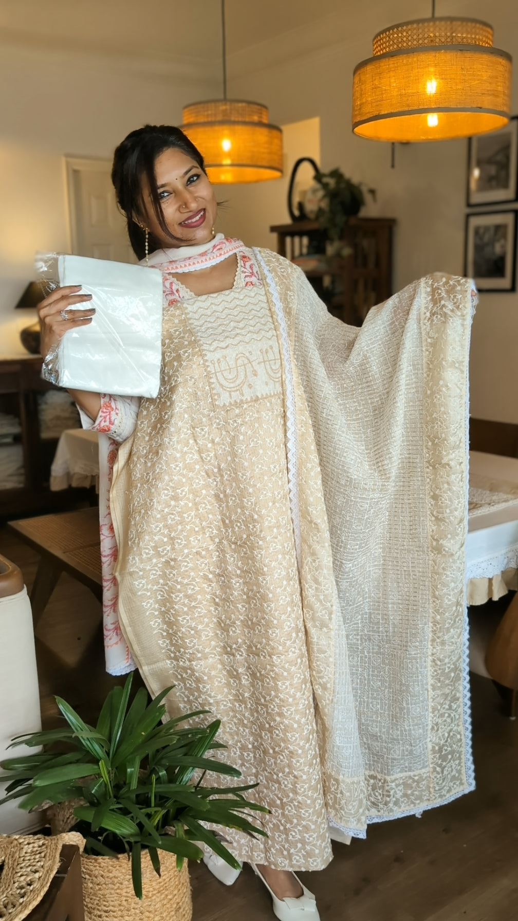 Silky kota beige white thread work
